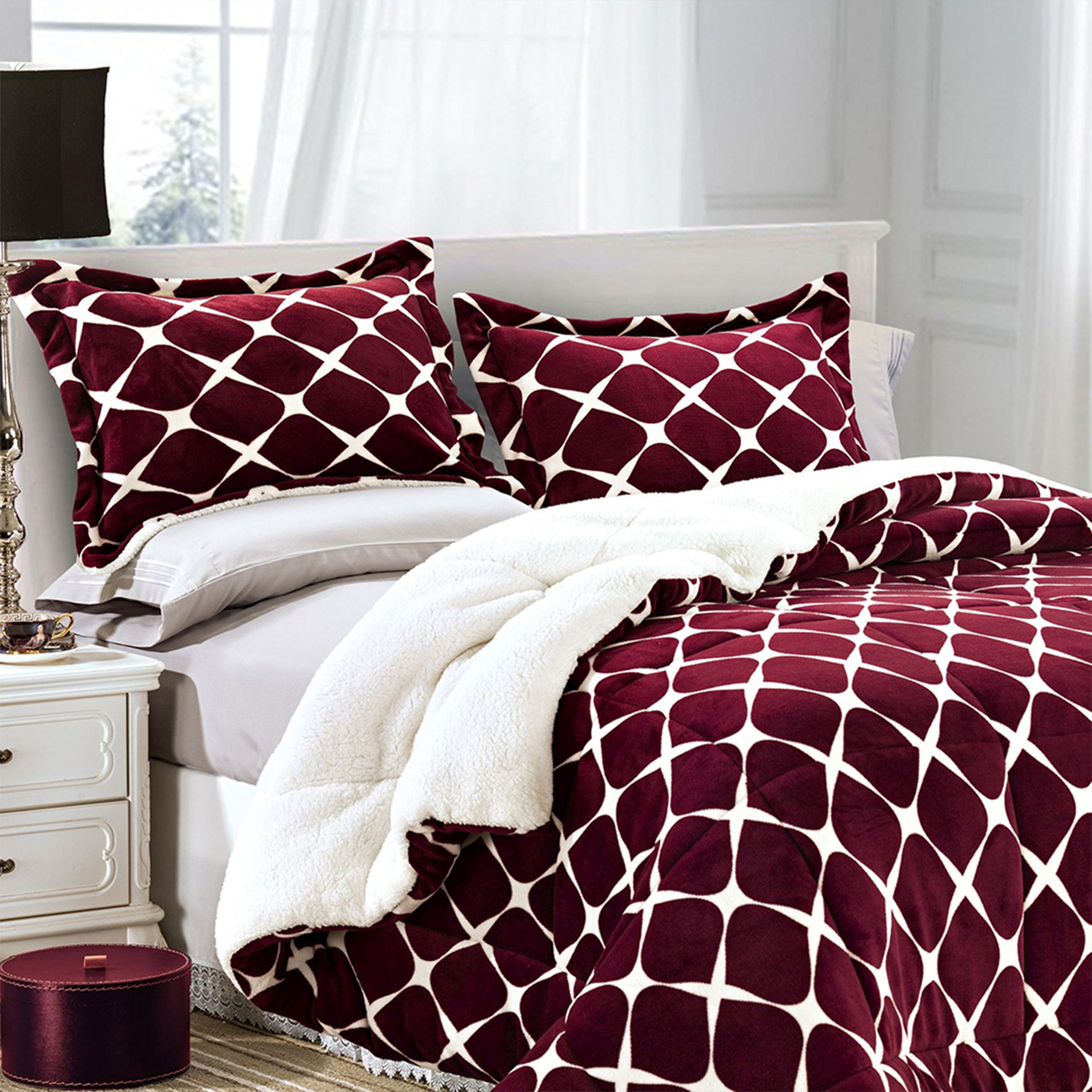 3-Piece Micro-Suede Reversible Sherpa - Bloomingdale Pattern Comforter Set