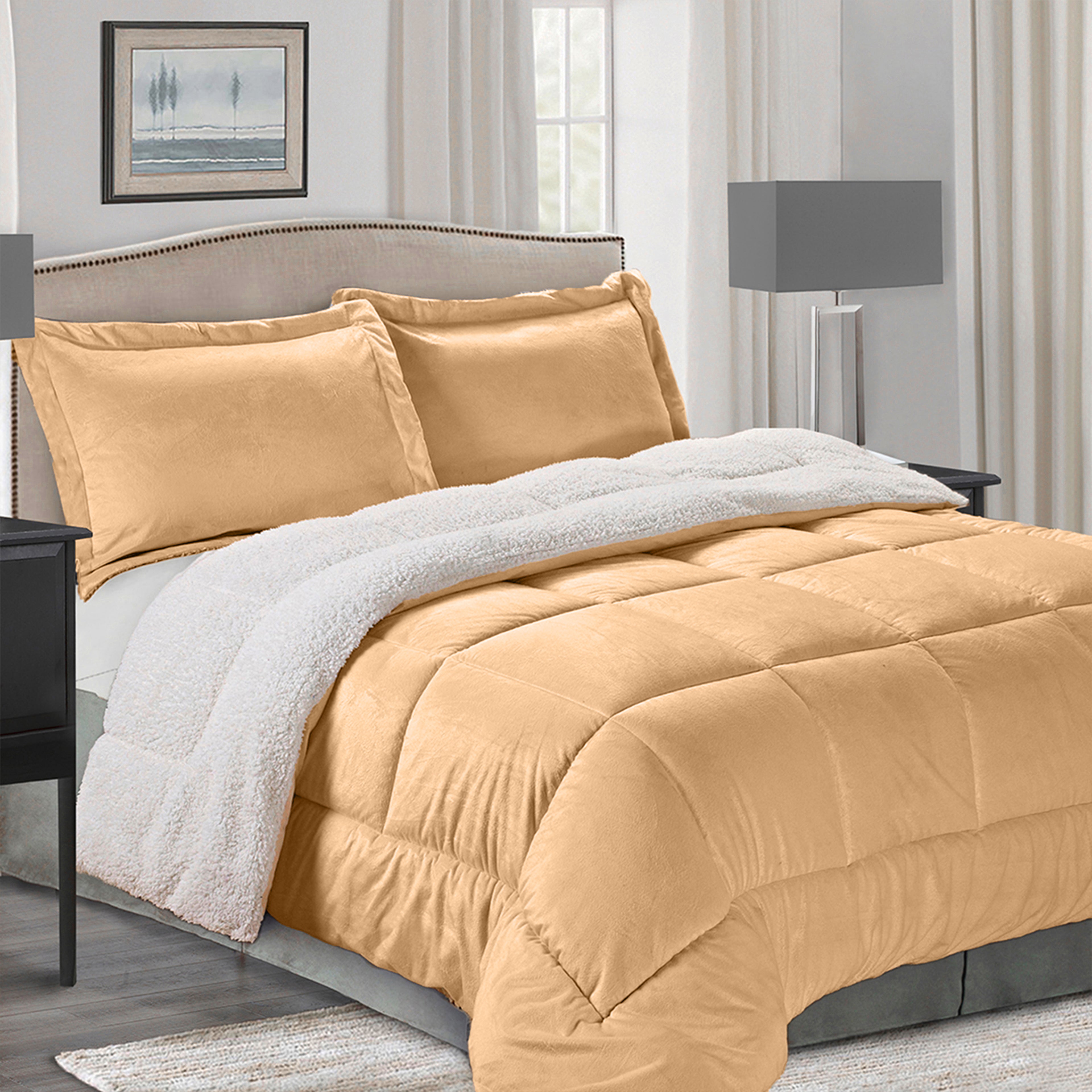 3-Piece Micro-Suede Reversible Sherpa - Solid Color Design Comforter Set