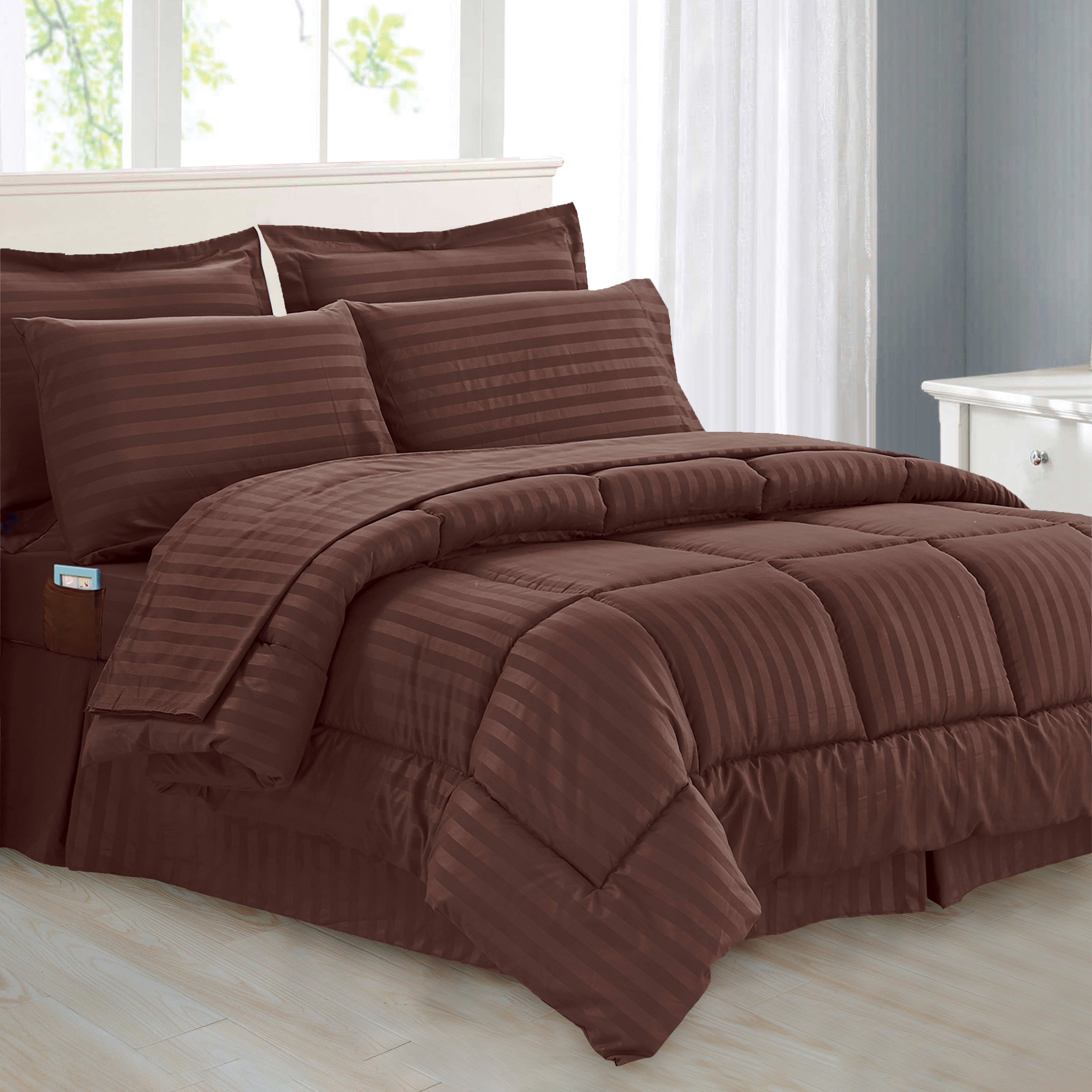 8-Piece Dobby Stripe Comforter Set - Includes 4-Piece Sheet Set with Double Sided Storage Pockets