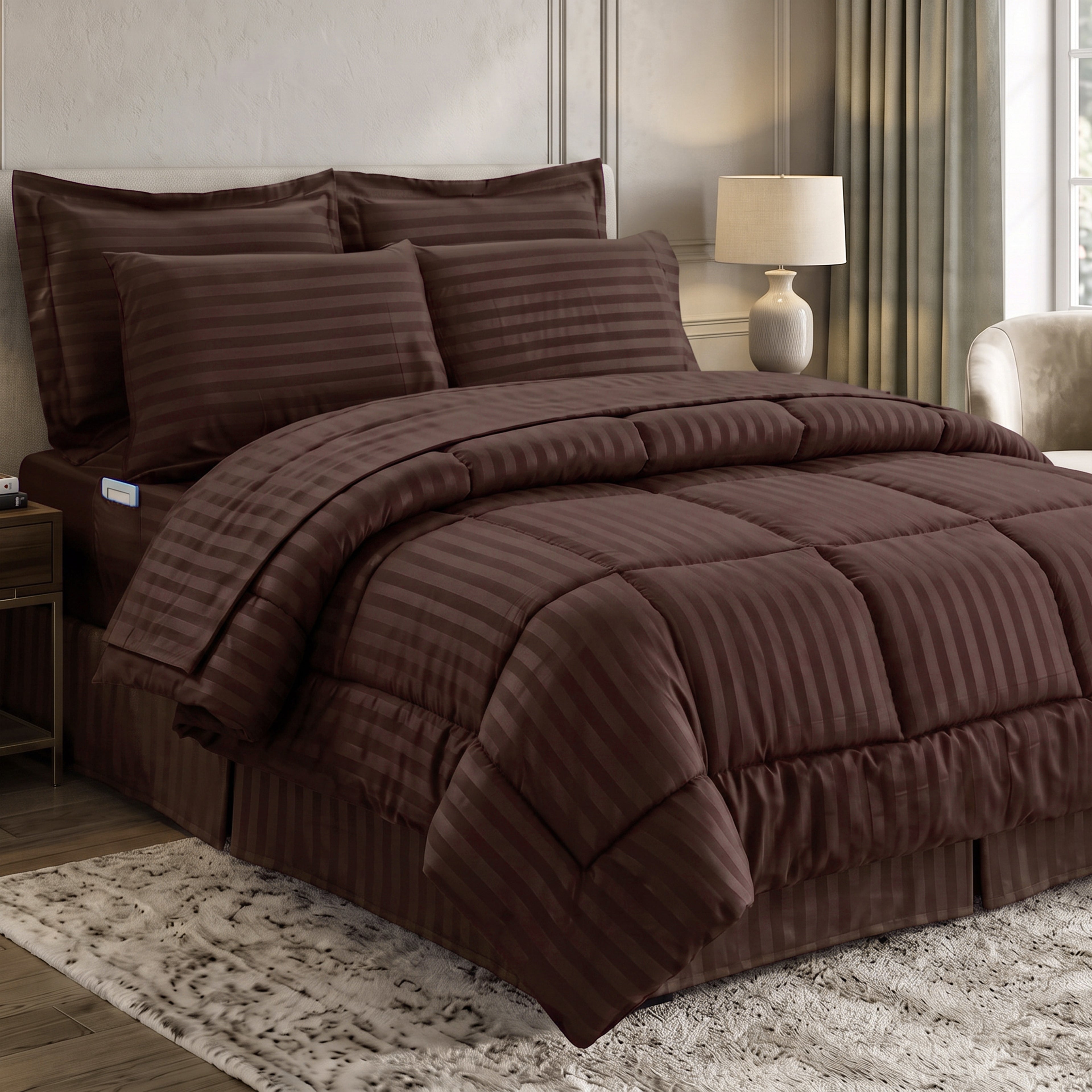 8-Piece Dobby Stripe Comforter Set - Includes 4-Piece Sheet Set with Double Sided Storage Pockets