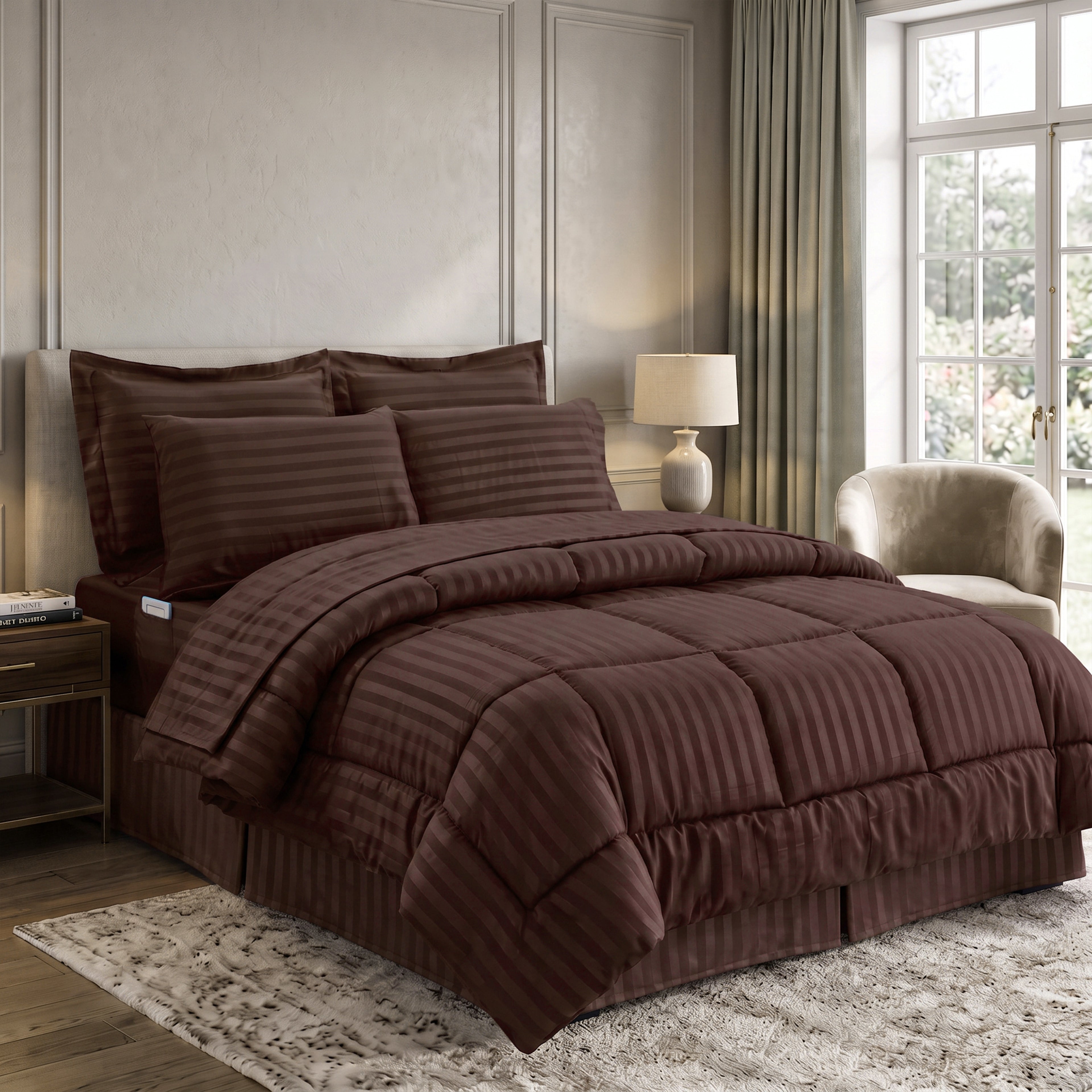 8-Piece Dobby Stripe Comforter Set - Includes 4-Piece Sheet Set with Double Sided Storage Pockets