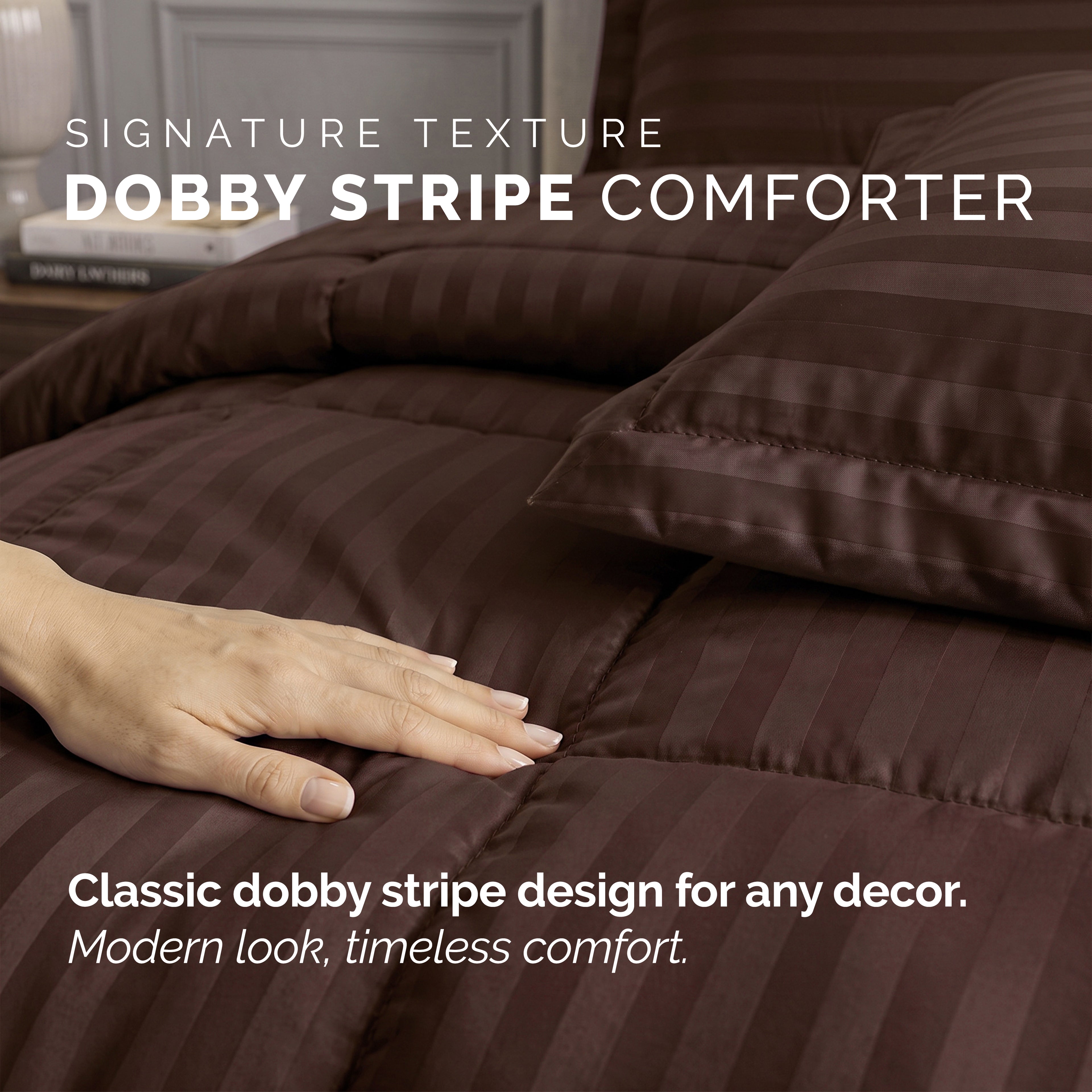 8-Piece Dobby Stripe Comforter Set - Includes 4-Piece Sheet Set with Double Sided Storage Pockets