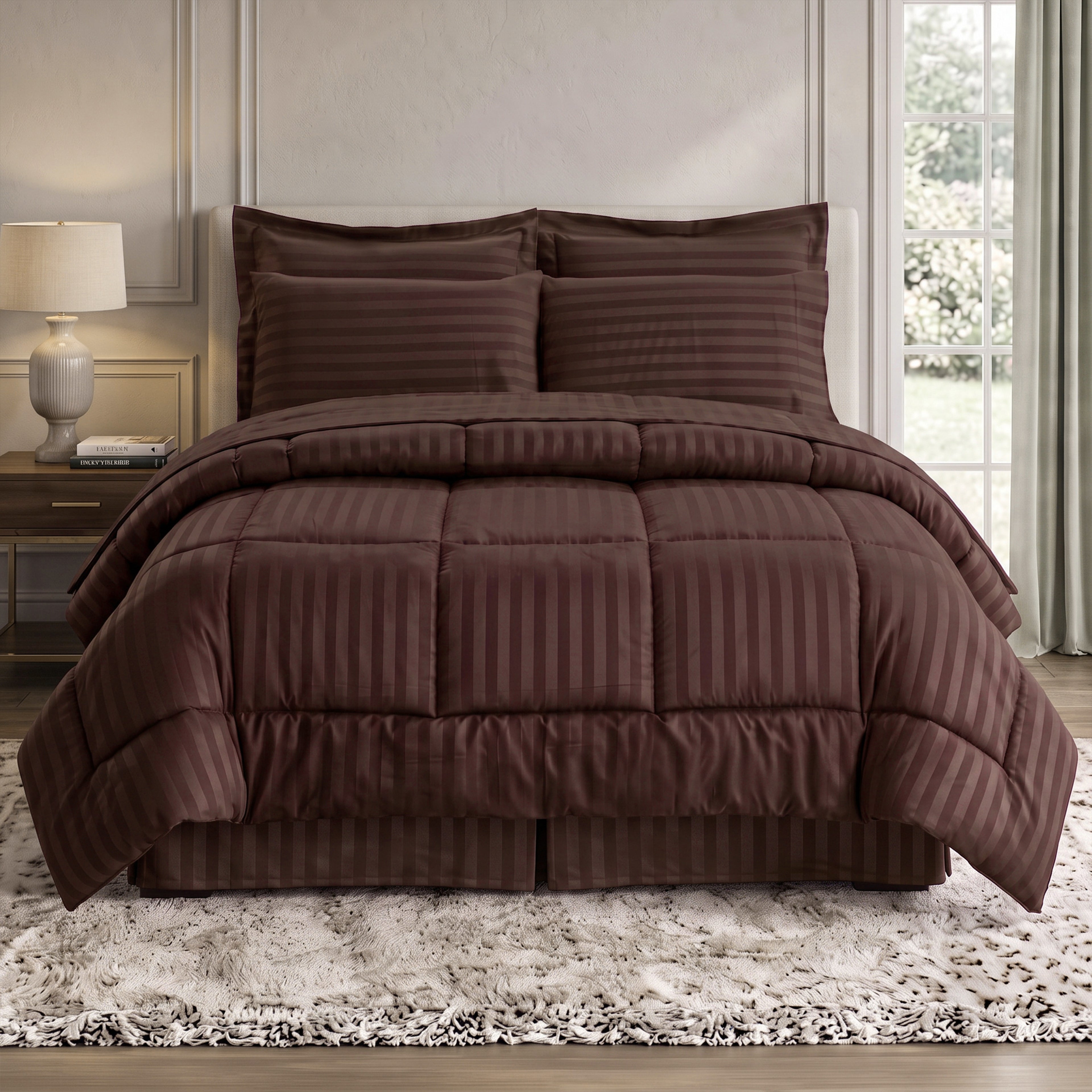 8-Piece Dobby Stripe Comforter Set - Includes 4-Piece Sheet Set with Double Sided Storage Pockets