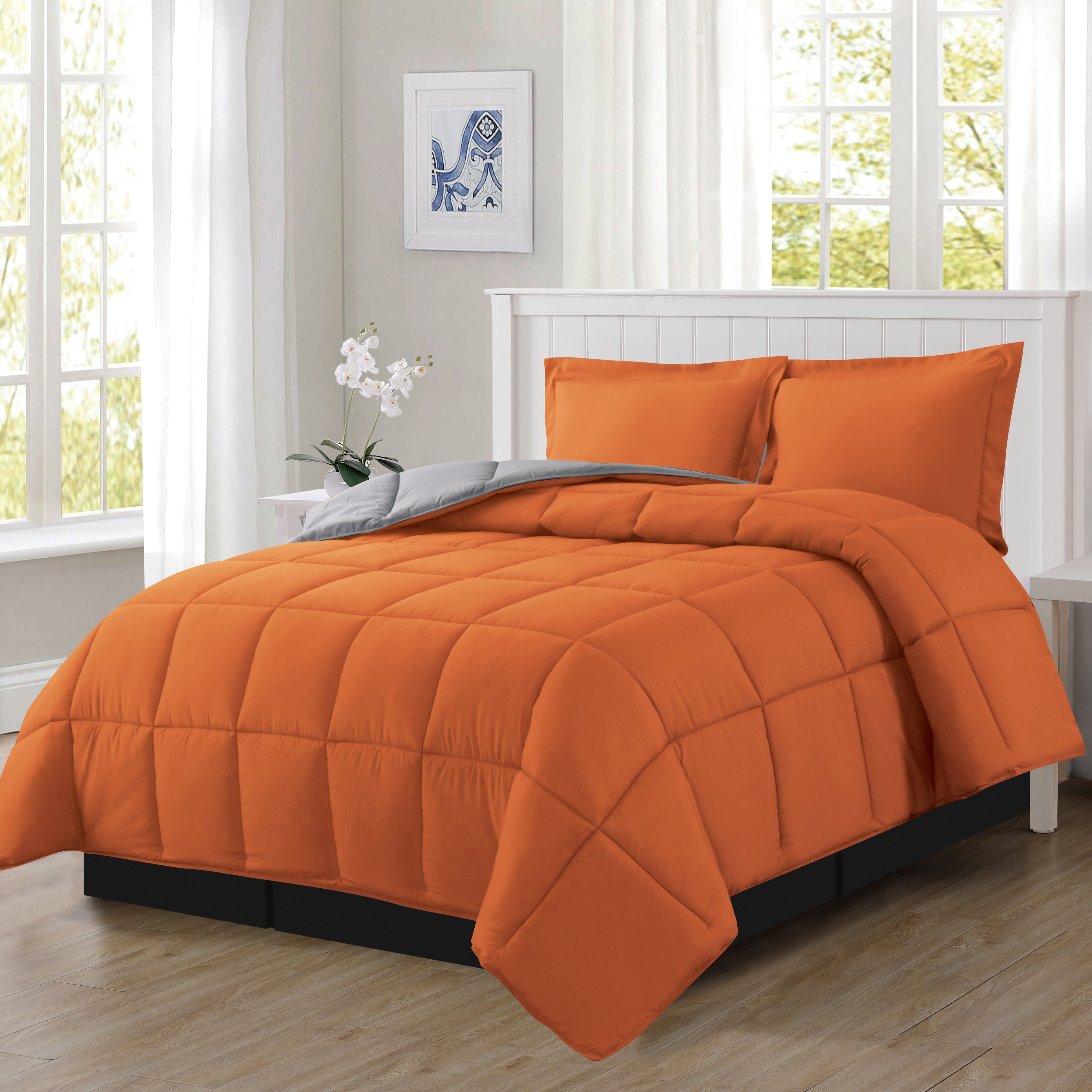 Reversible 3-Piece Box Stitched Comforter & Shams - Duvet Insert with 4 Corner Tabs