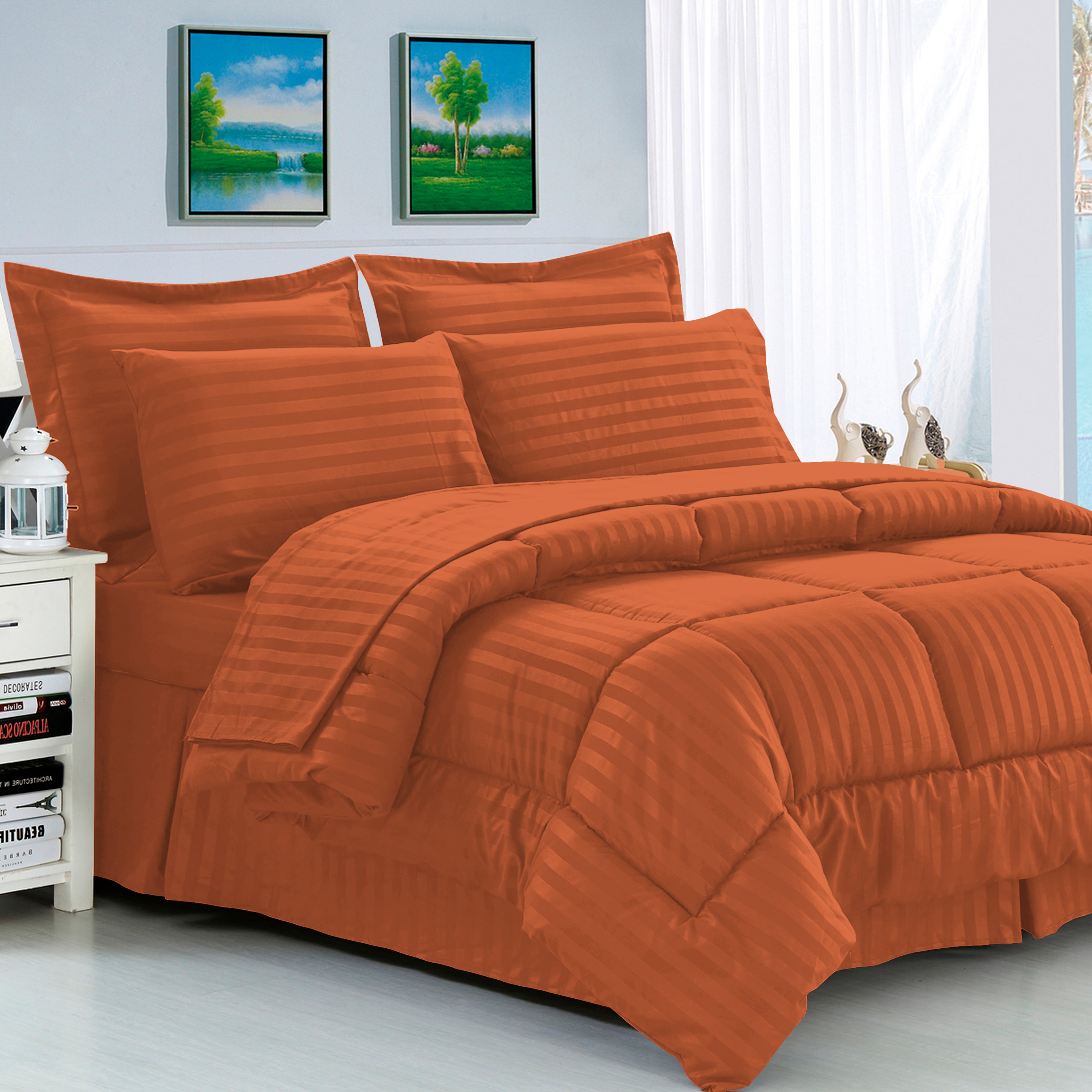 8-Piece Dobby Stripe Comforter Set - Includes 4-Piece Sheet Set with Double Sided Storage Pockets
