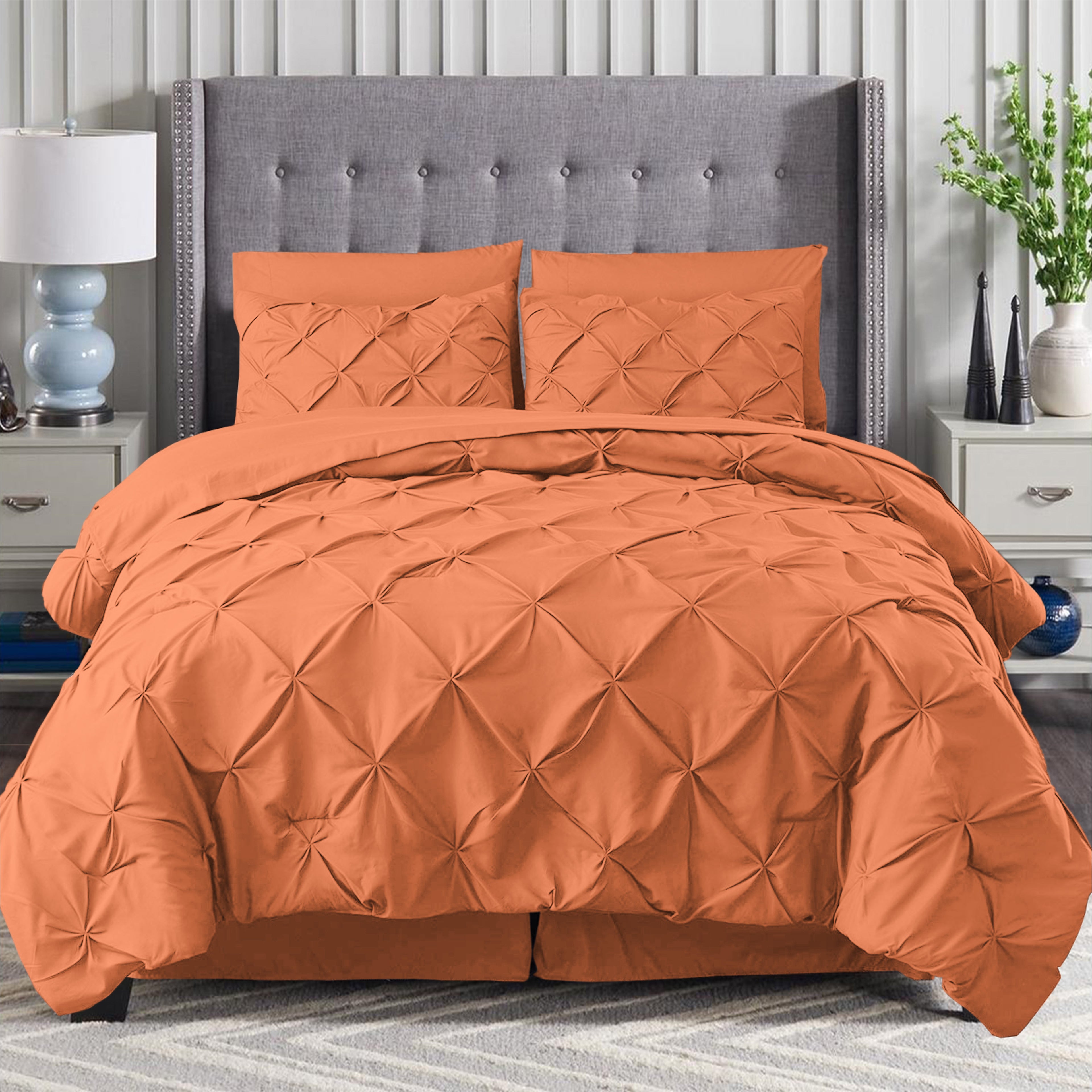 8-Piece Pintuck Pinch Pleated Comforter Set - Includes 4-Piece Sheet Set with Double Sided Storage Pockets