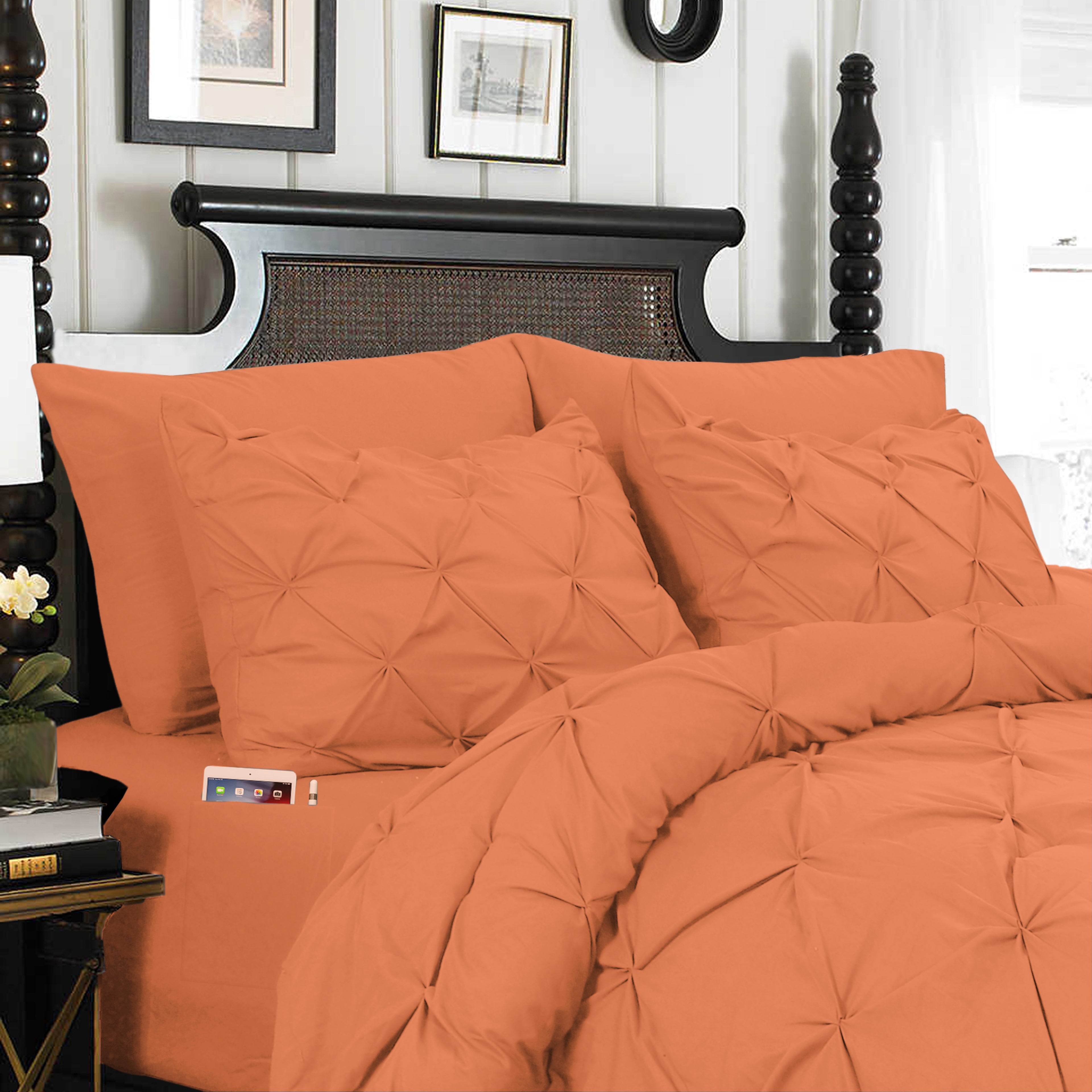 8-Piece Pintuck Pinch Pleated Comforter Set - Includes 4-Piece Sheet Set with Double Sided Storage Pockets