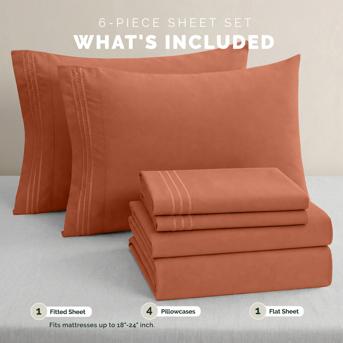 Extra deep 18-24 Inch Pocket 3 Line Embroidery, 6-Piece Sheet Set, Moody Shades