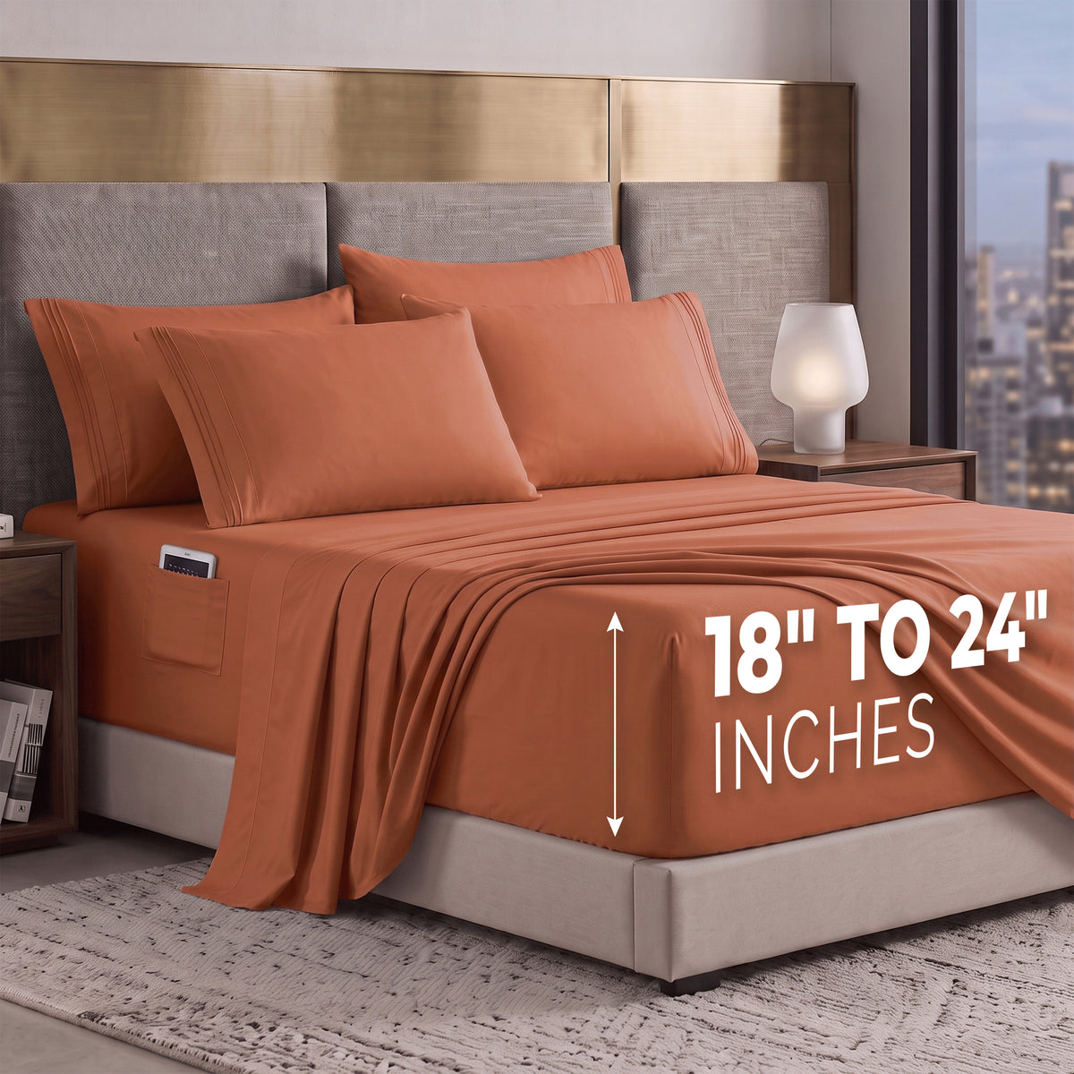 Extra deep 18-24 Inch Pocket 3 Line Embroidery, 6-Piece Sheet Set, Moody Shades