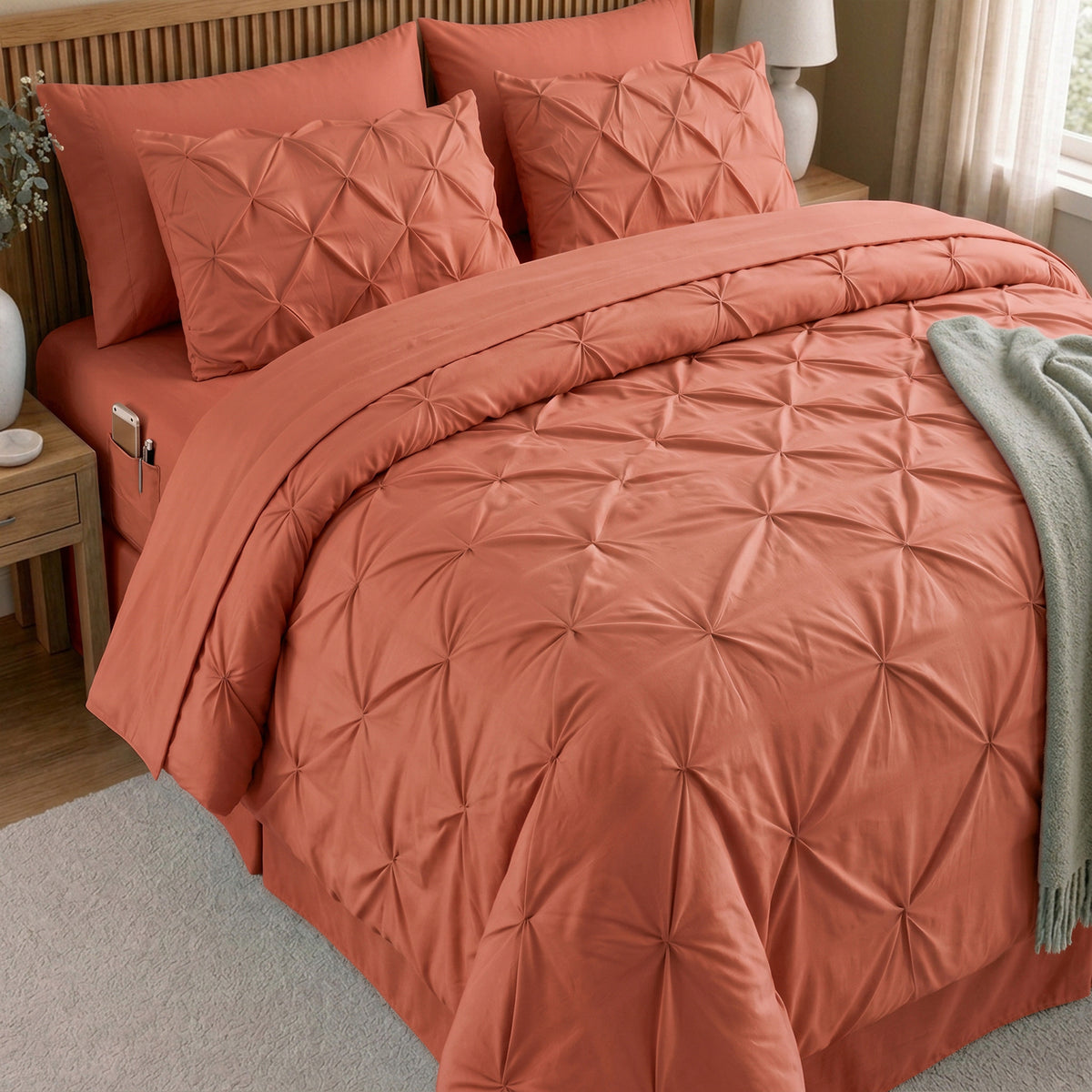 8-Piece Pintuck Pinch Pleated Comforter Set - Includes 4-Piece Sheet Set with Double Sided Storage Pockets