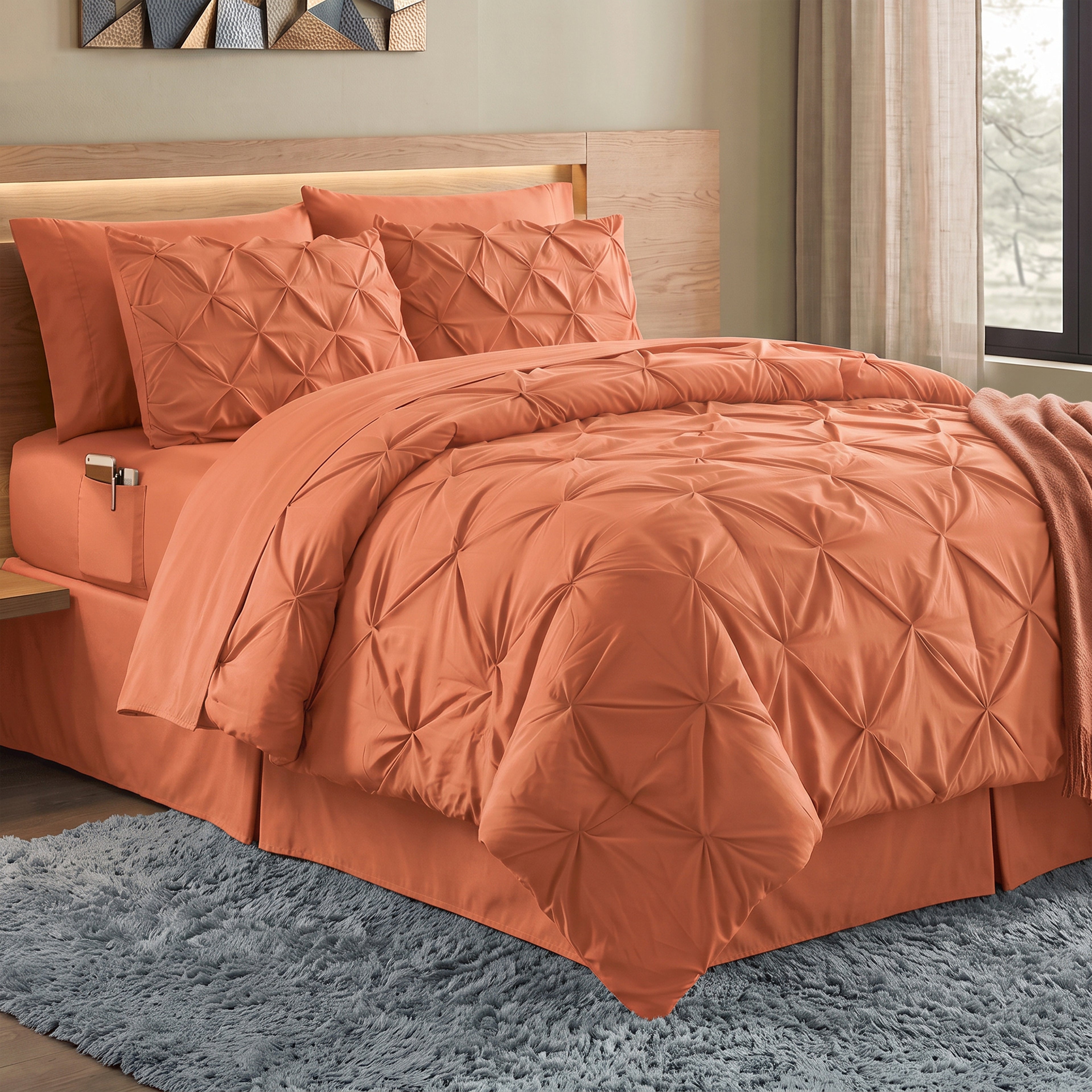 8-Piece Pintuck Pinch Pleated Comforter Set - Includes 4-Piece Sheet Set with Double Sided Storage Pockets