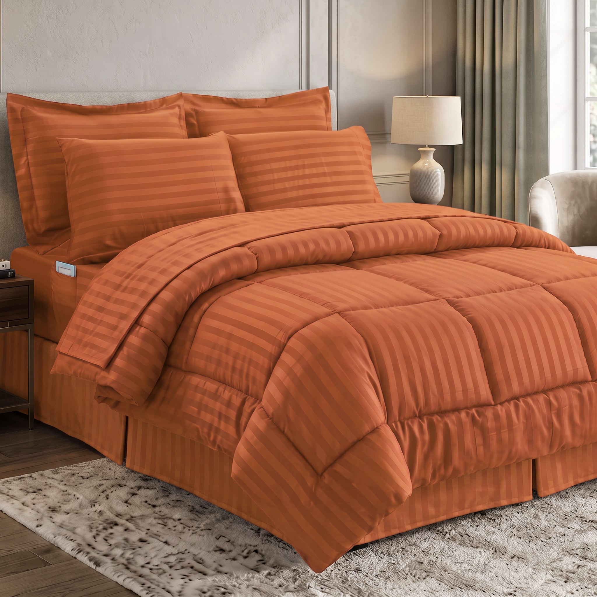 8-Piece Dobby Stripe Comforter Set - Includes 4-Piece Sheet Set with Double Sided Storage Pockets