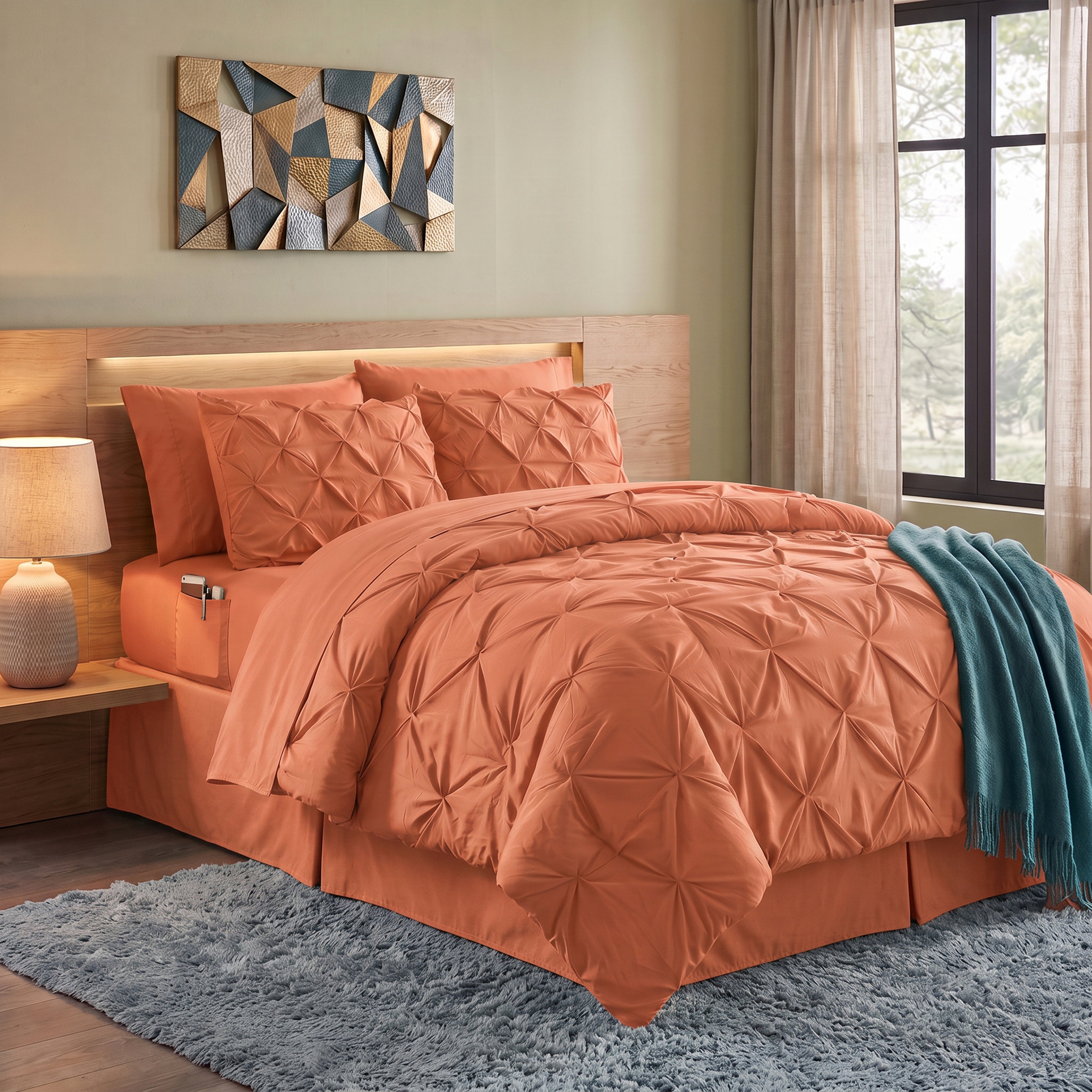 8-Piece Pintuck Pinch Pleated Comforter Set - Includes 4-Piece Sheet Set with Double Sided Storage Pockets