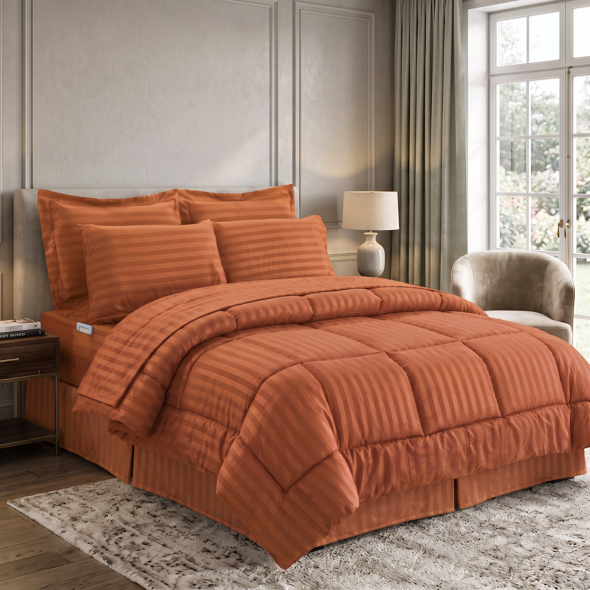 8-Piece Dobby Stripe Comforter Set - Includes 4-Piece Sheet Set with Double Sided Storage Pockets