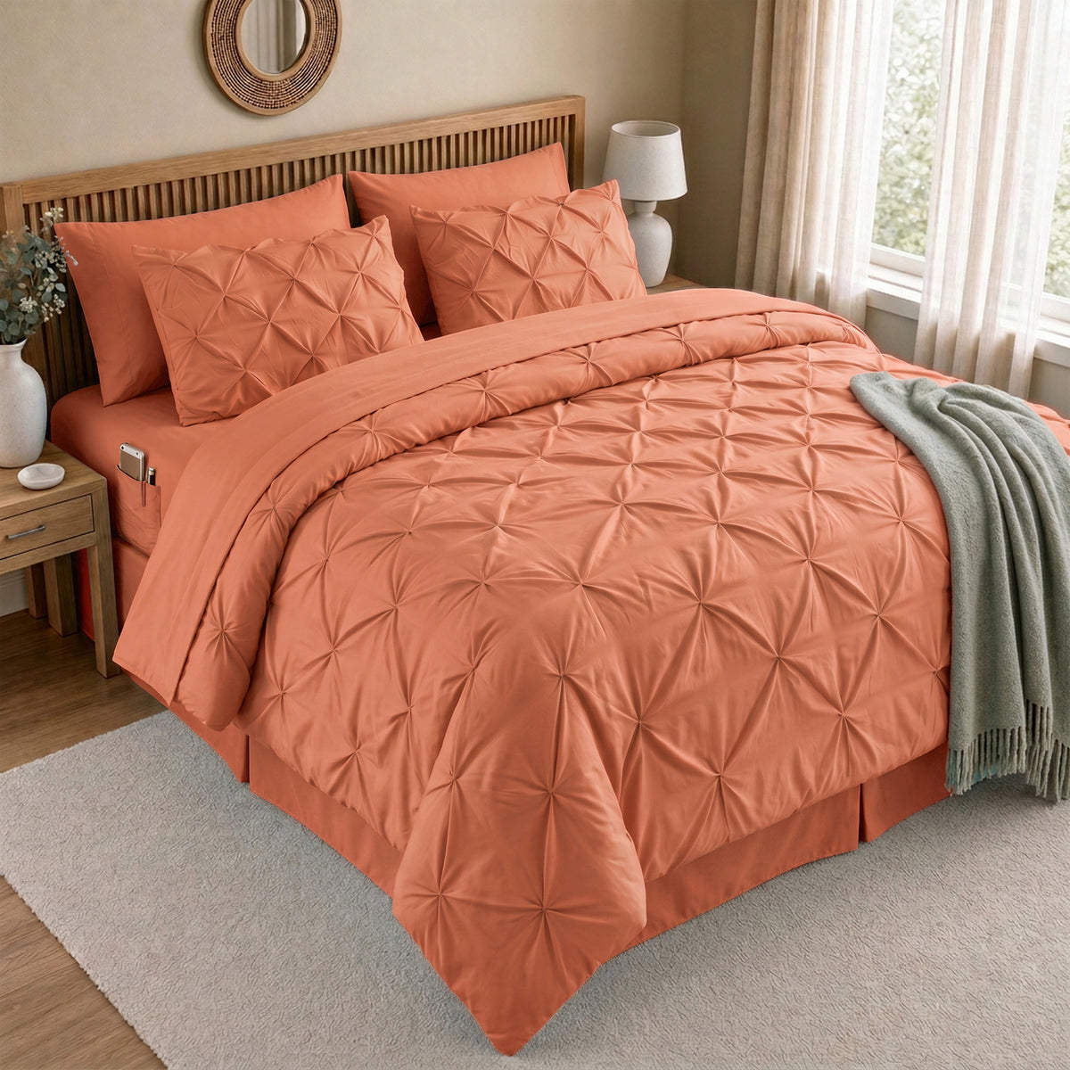 8-Piece Pintuck Pinch Pleated Comforter Set - Includes 4-Piece Sheet Set with Double Sided Storage Pockets