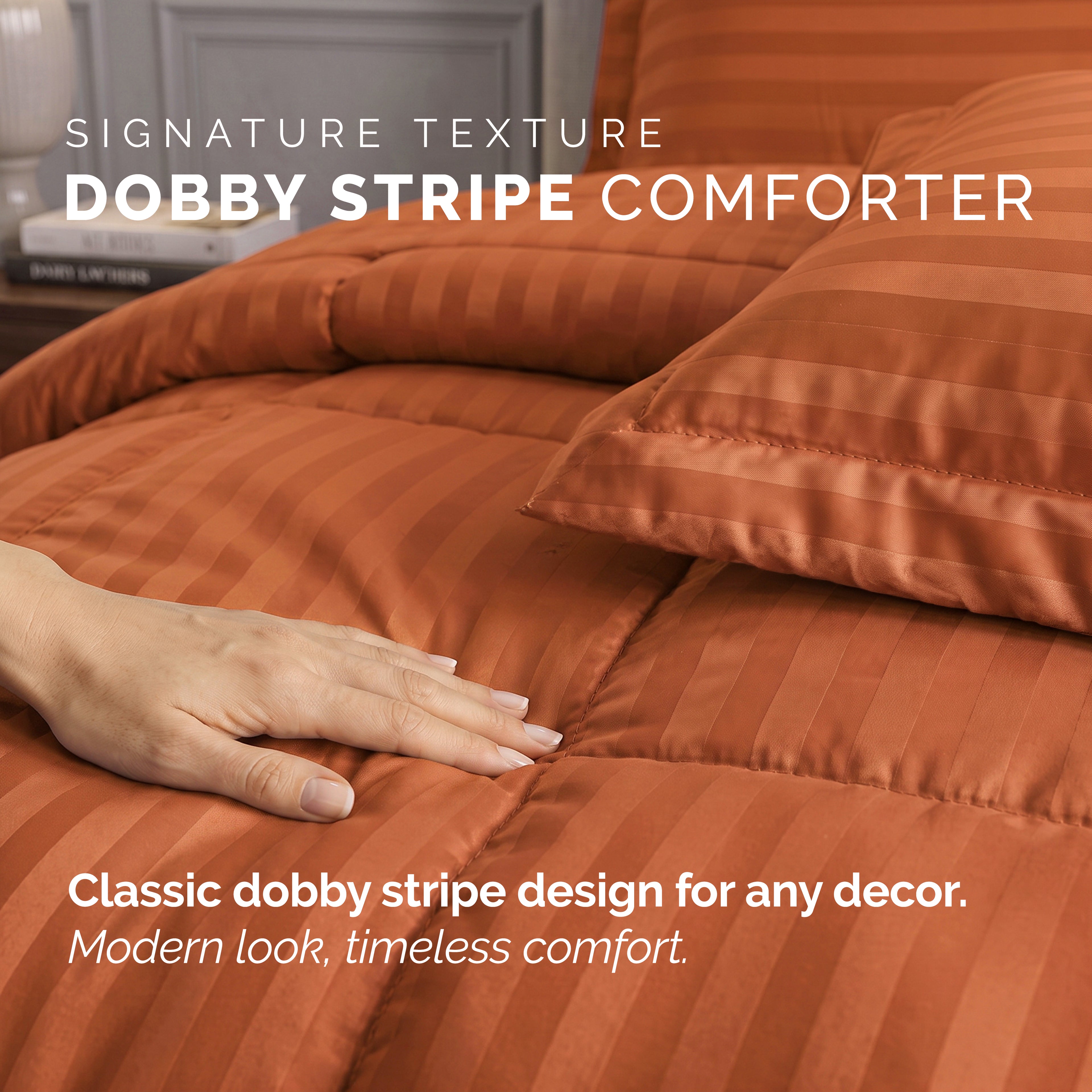 8-Piece Dobby Stripe Comforter Set - Includes 4-Piece Sheet Set with Double Sided Storage Pockets
