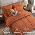 8-Piece Dobby Stripe Comforter Set - Includes 4-Piece Sheet Set with Double Sided Storage Pockets
