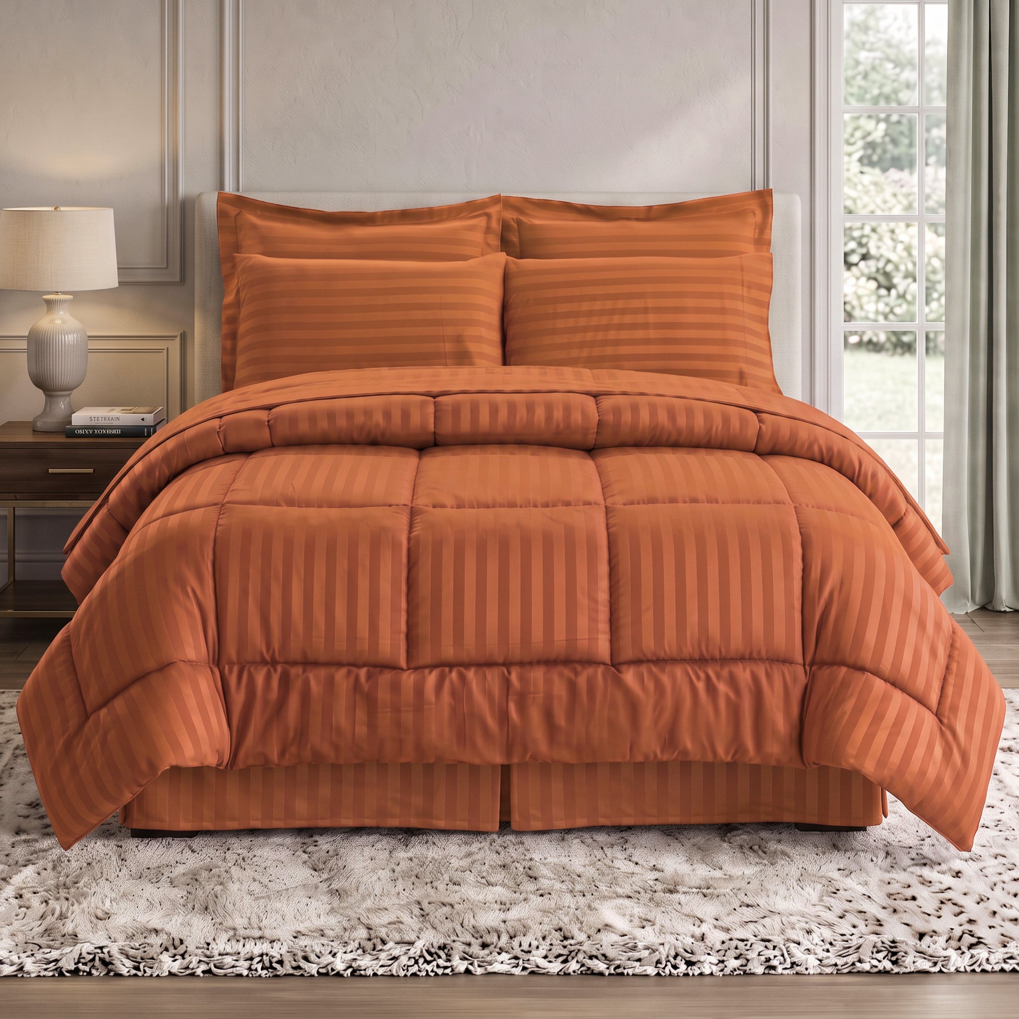 8-Piece Dobby Stripe Comforter Set - Includes 4-Piece Sheet Set with Double Sided Storage Pockets