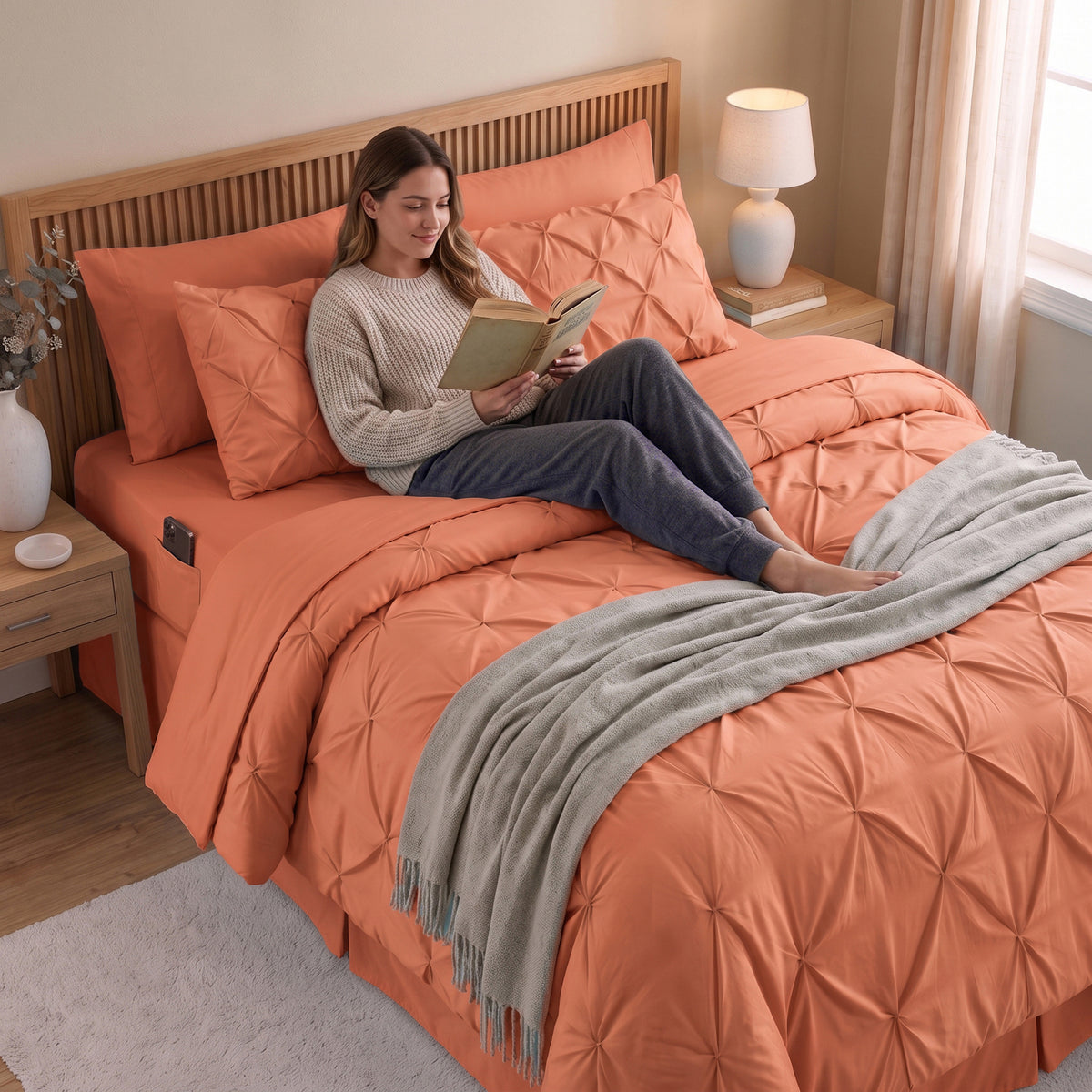 8-Piece Pintuck Pinch Pleated Comforter Set - Includes 4-Piece Sheet Set with Double Sided Storage Pockets