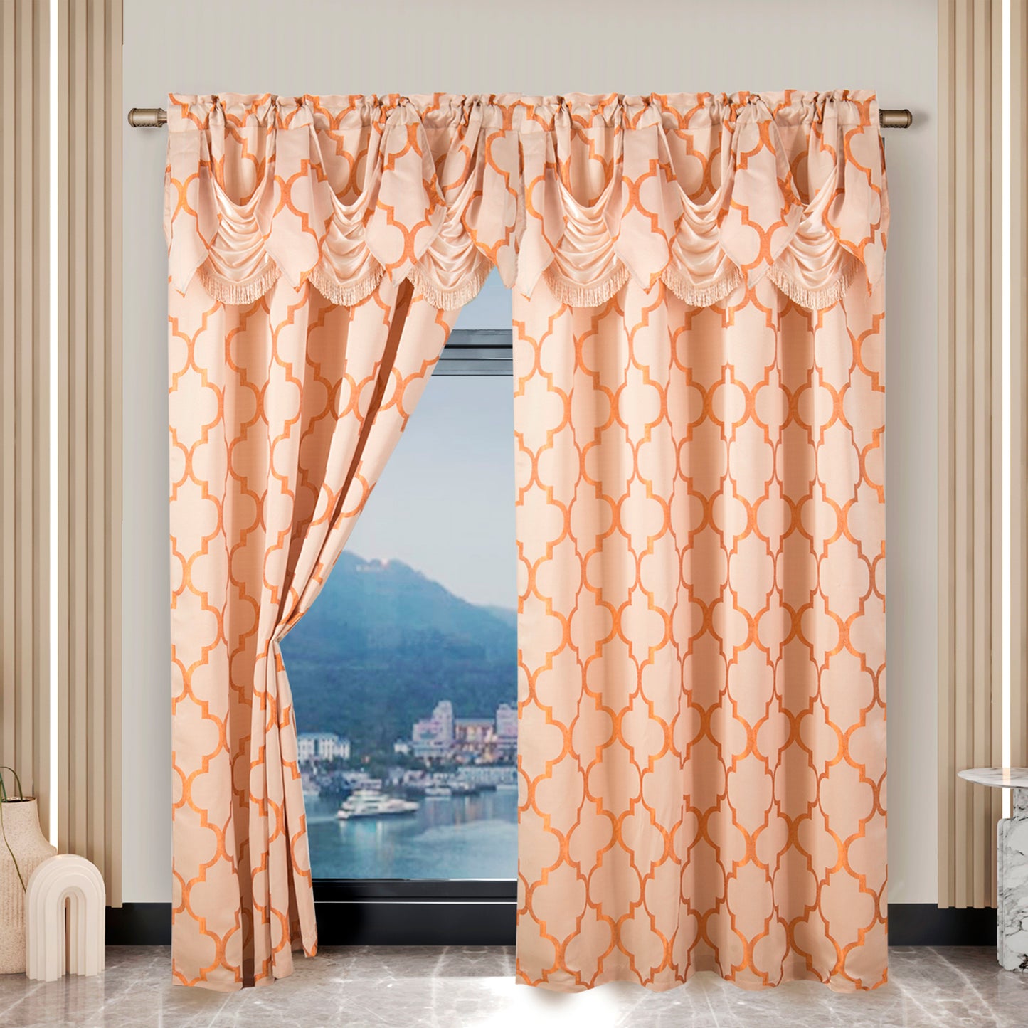 Elegant Comfort 2-Piece Quatrefoil - Moroccan Trellis Jacquard Look Curtain Panels- Attached Valance - 54" W x 84" L, Set of 2