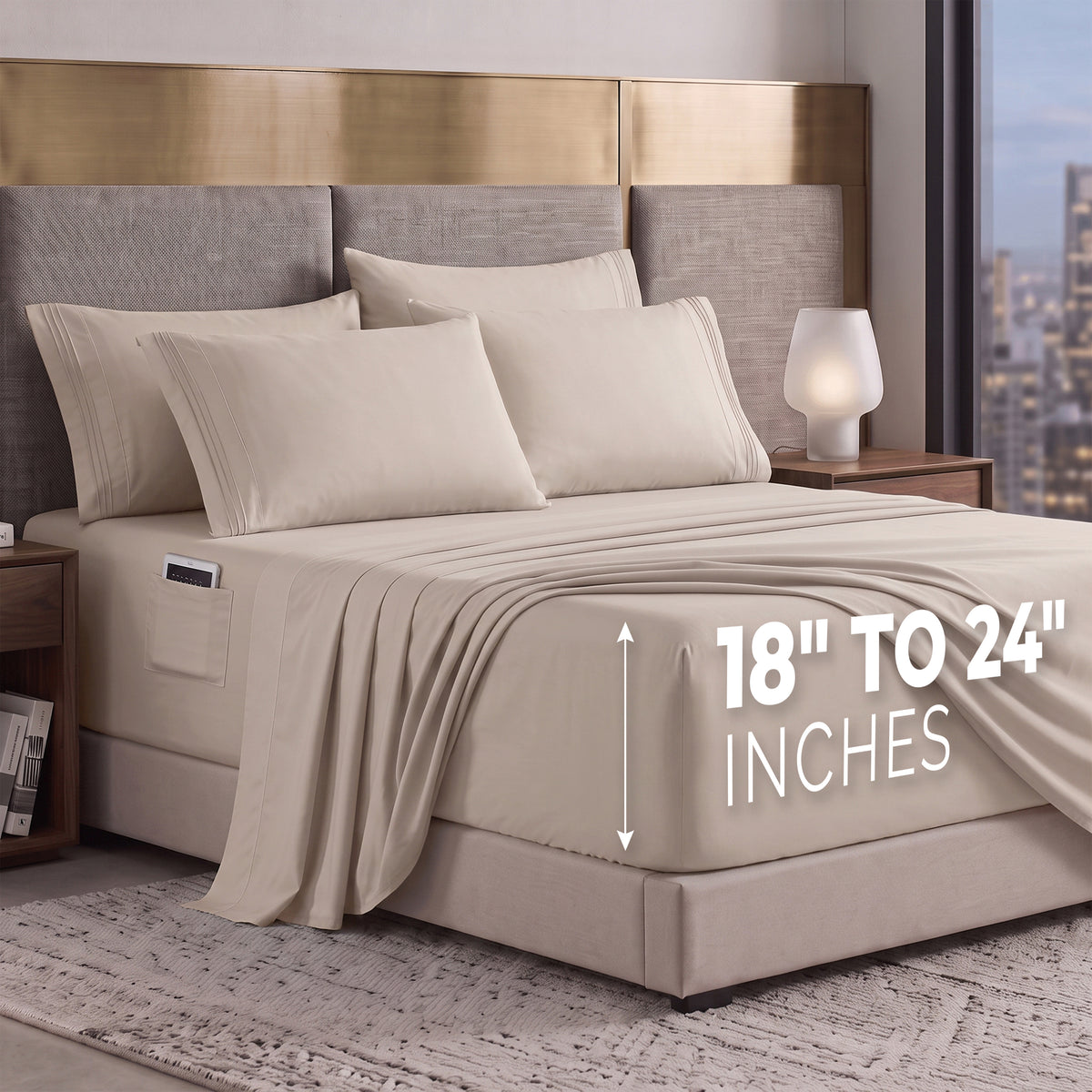Extra deep Pocket 3 Line Embroidery, 6-Piece Sheet Set