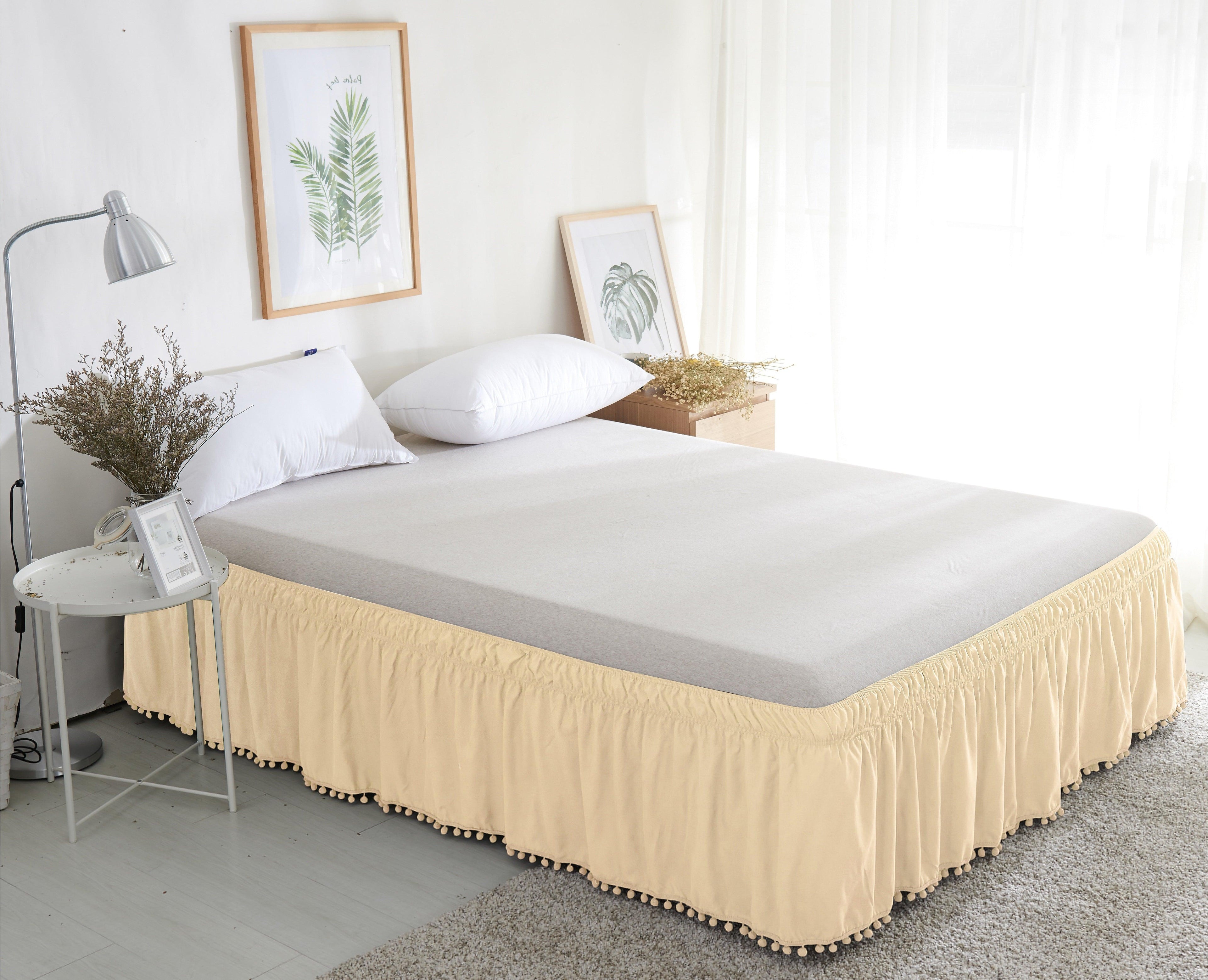1-Piece Top-Knot Tassel Pompom Fringe Ruffle Bed Skirt - Around Style Elastic Bed Wrap - 16 inch Drop