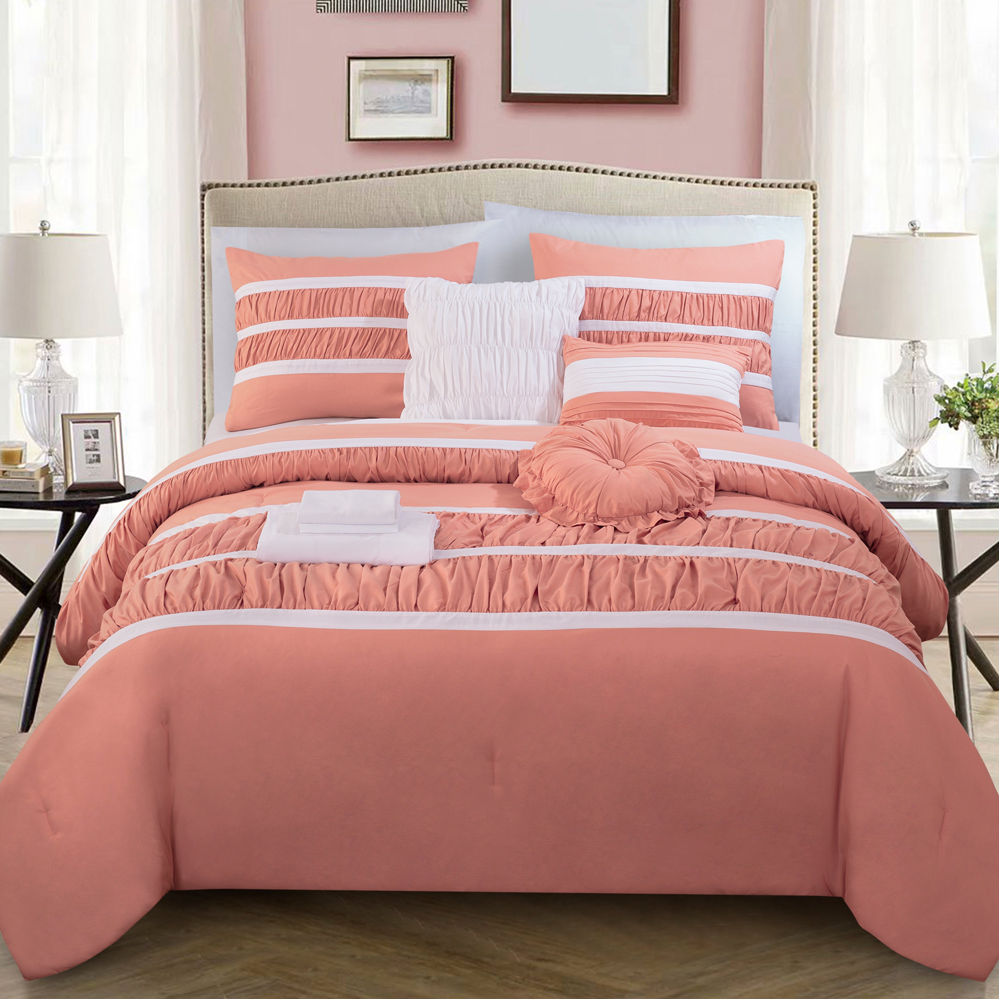 12-Piece Isabella Pleated Ruched Ruffled Comforter Set, Includes 6-Piece Sheet Set with Double Sided Storage Pockets