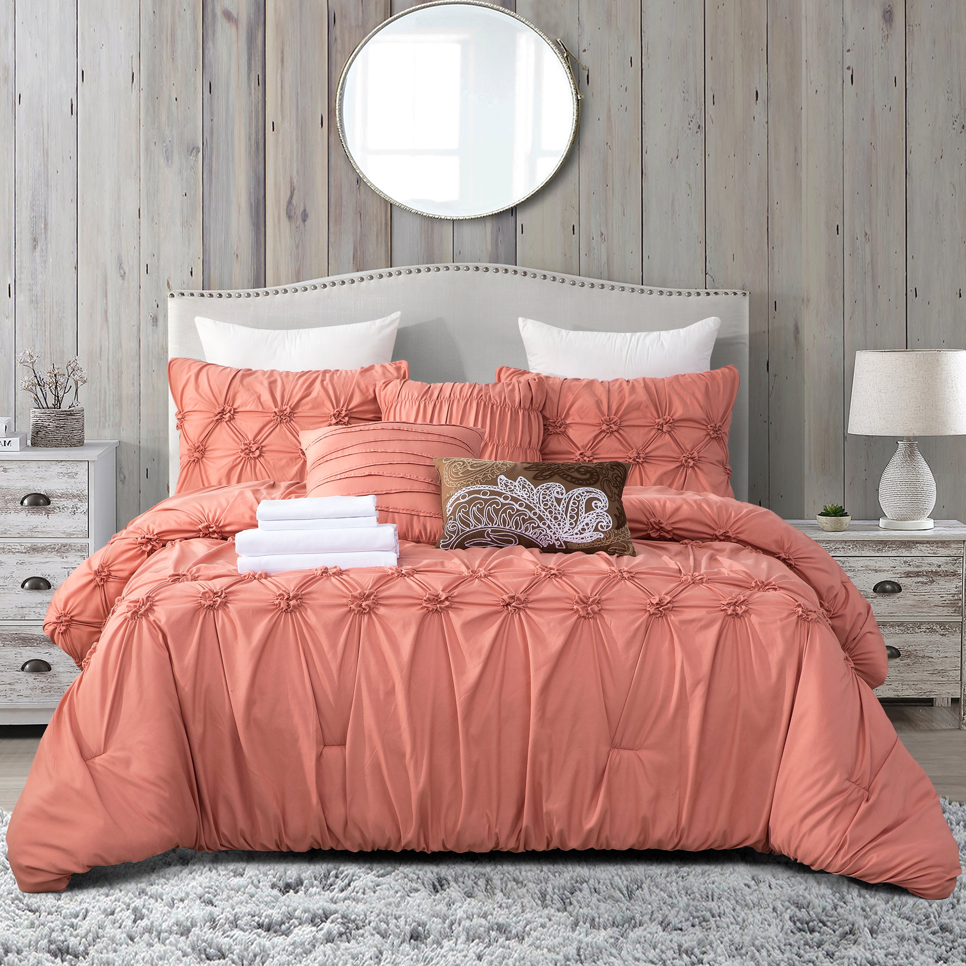 12-Piece Ella Pleated Ruched Pintuck Comforter Set, Includes 6-Piece Sheet Set with Double Sided Storage Pockets