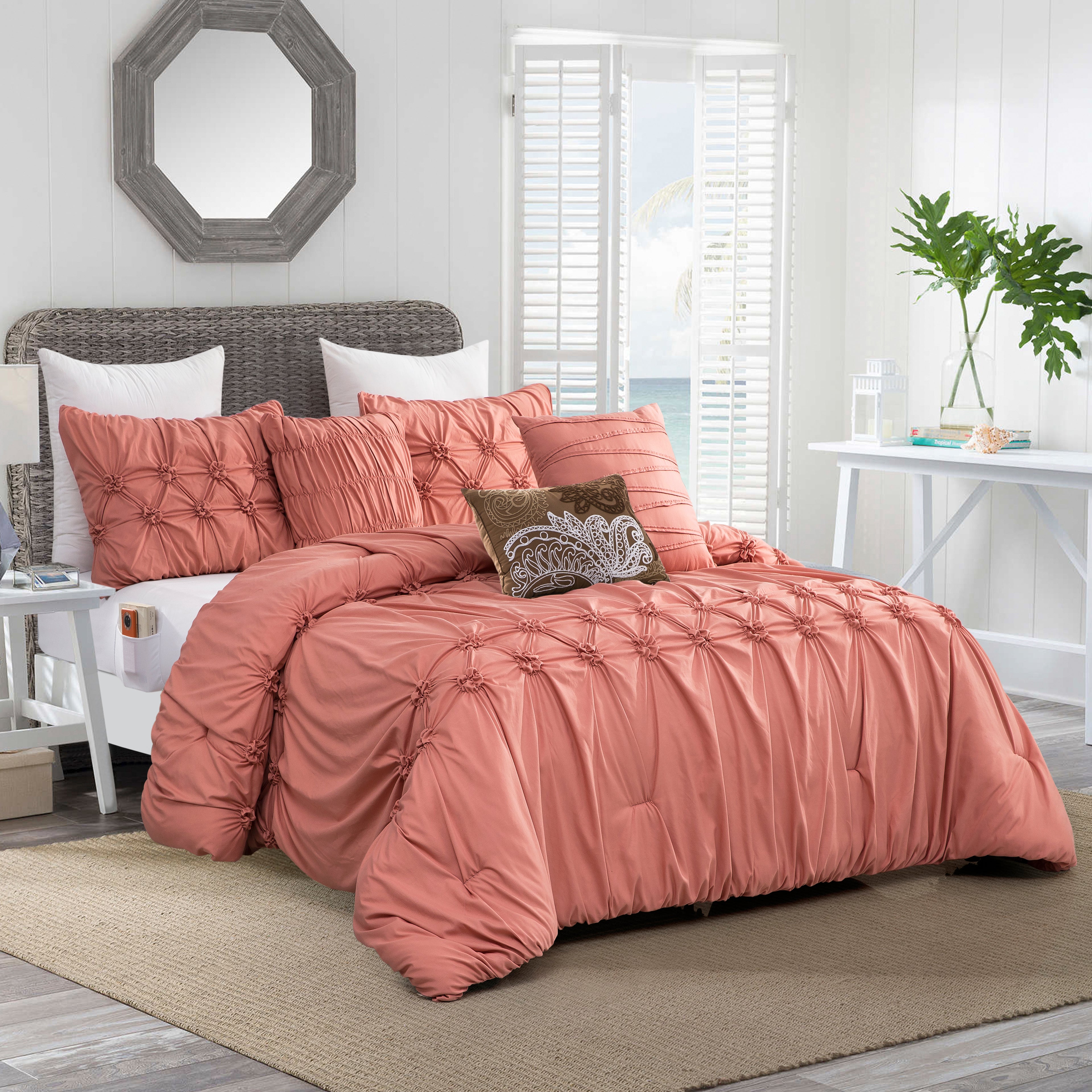 12-Piece Ella Pleated Ruched Pintuck Comforter Set, Includes 6-Piece Sheet Set with Double Sided Storage Pockets