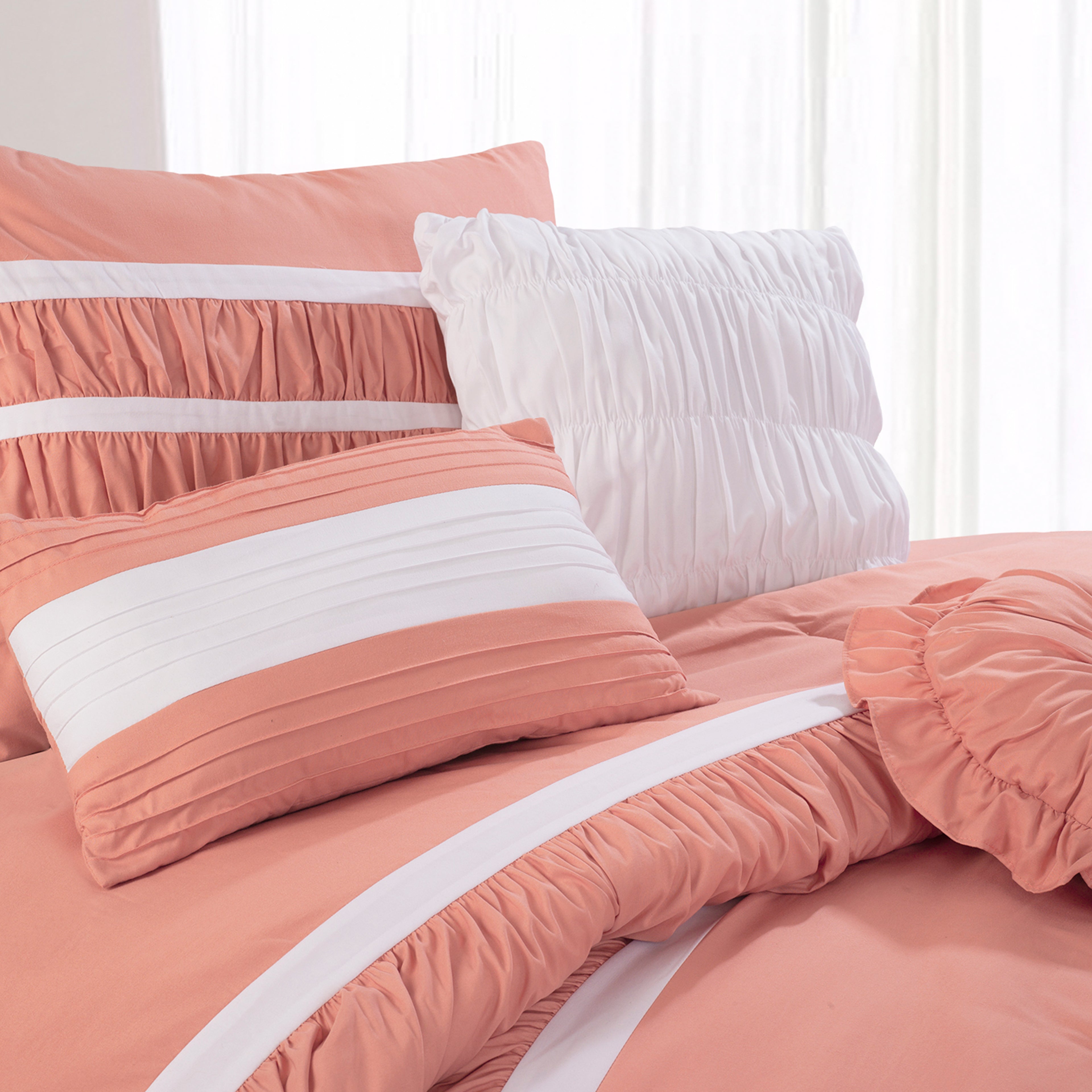 12-Piece Isabella Pleated Ruched Ruffled Comforter Set, Includes 6-Piece Sheet Set with Double Sided Storage Pockets