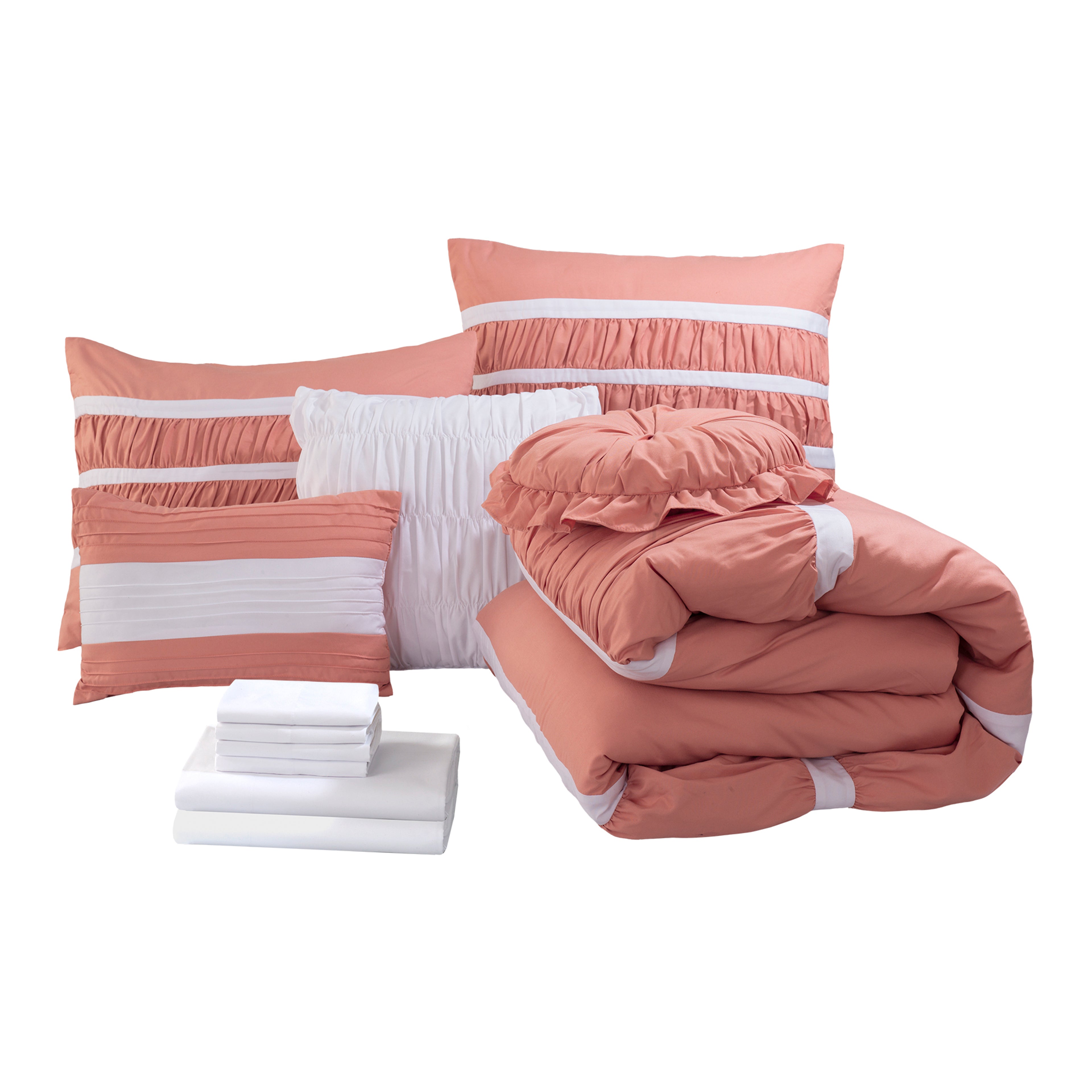 12-Piece Isabella Pleated Ruched Ruffled Comforter Set, Includes 6-Piece Sheet Set with Double Sided Storage Pockets