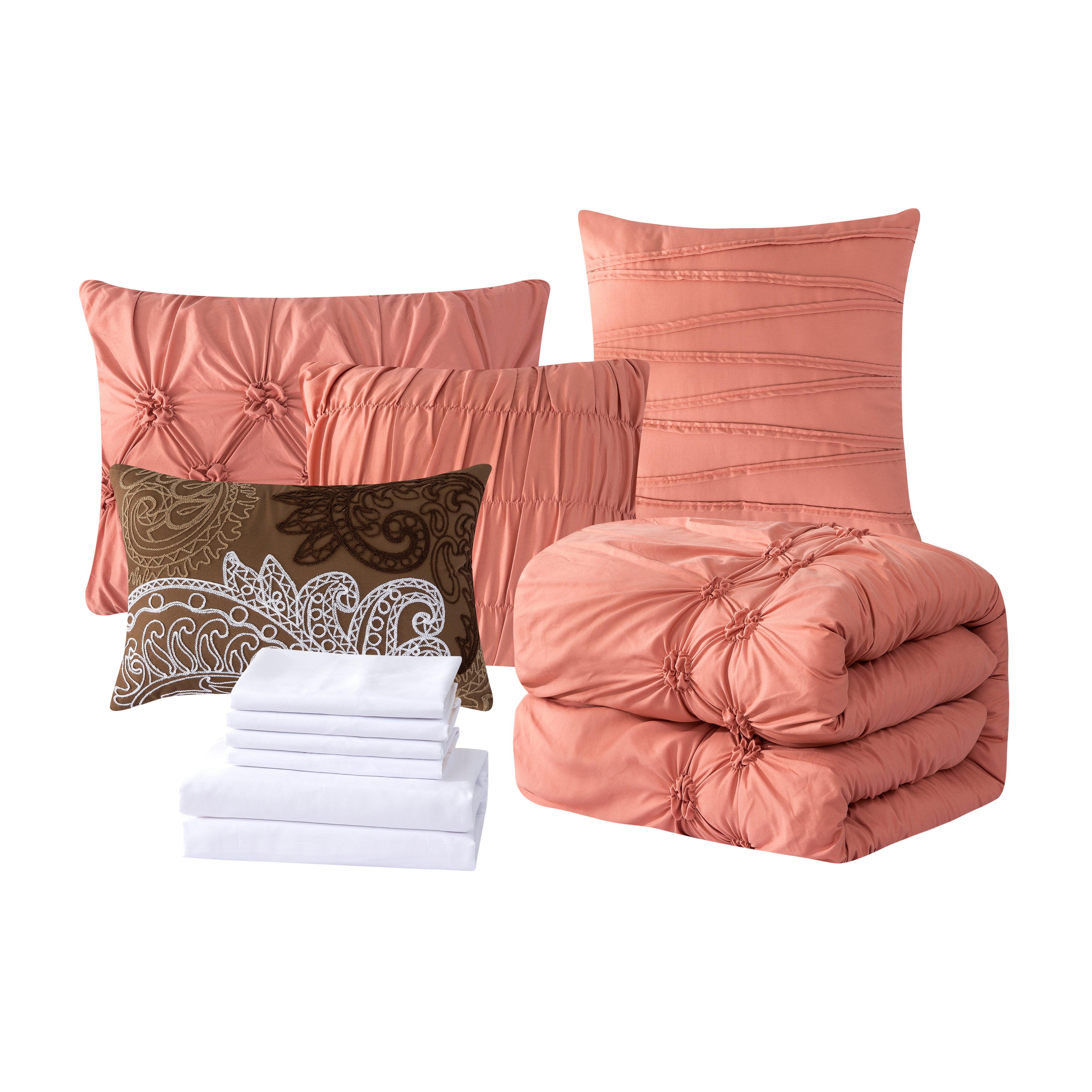 12-Piece Ella Pleated Ruched Pintuck Comforter Set, Includes 6-Piece Sheet Set with Double Sided Storage Pockets