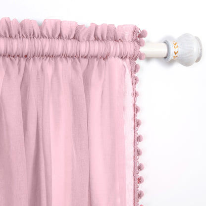 Elegant Comfort Set of 2 Pom Pom Tasseled Sheer Curtain - Rod Pocket