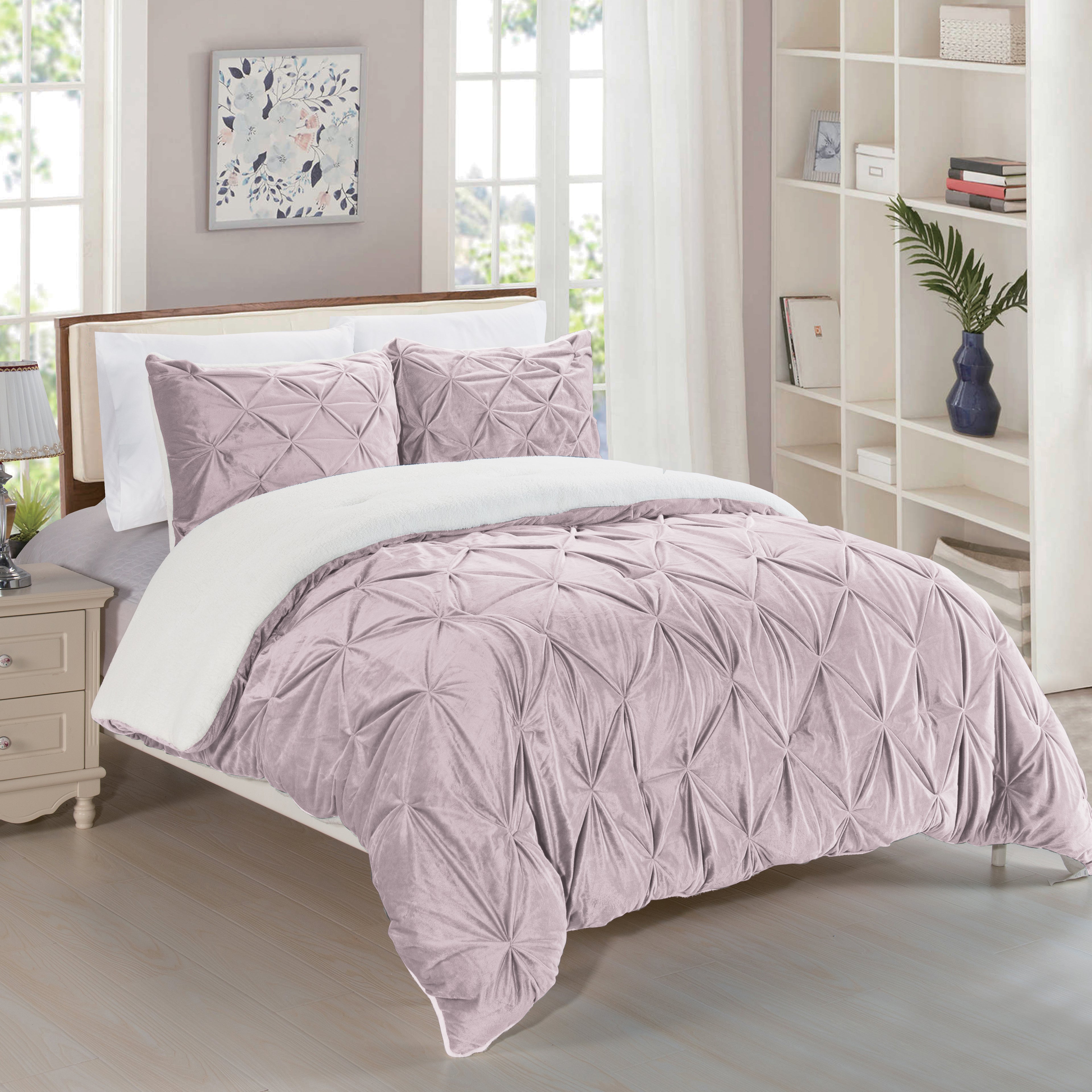 3-Piece Pinch Pleated Micro-Suede Reversible Sherpa - Comforter Set