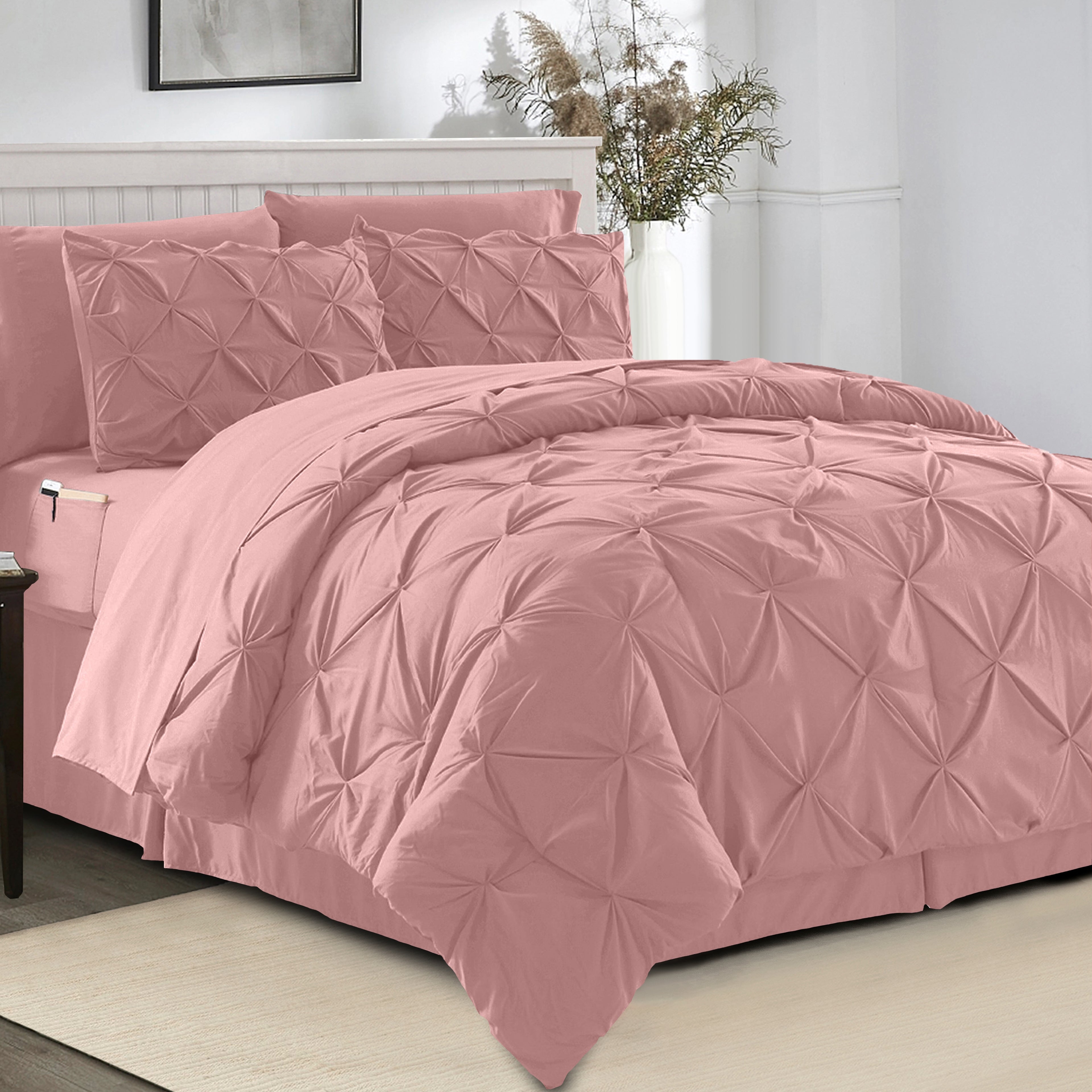 8-Piece Pintuck Pinch Pleated Comforter Set - Includes 4-Piece Sheet Set with Double Sided Storage Pockets