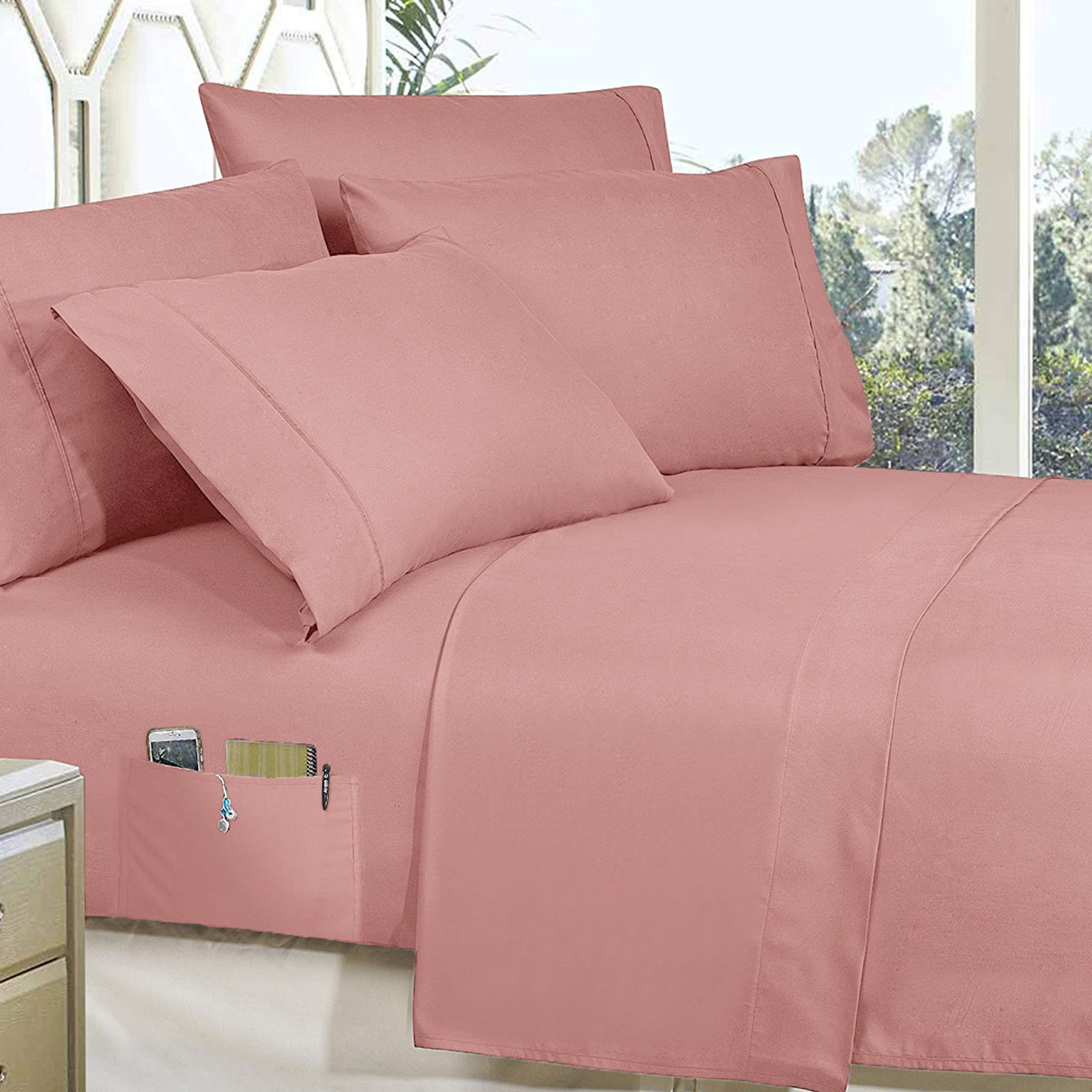 8-Piece Pintuck Pinch Pleated Comforter Set - Includes 4-Piece Sheet Set with Double Sided Storage Pockets