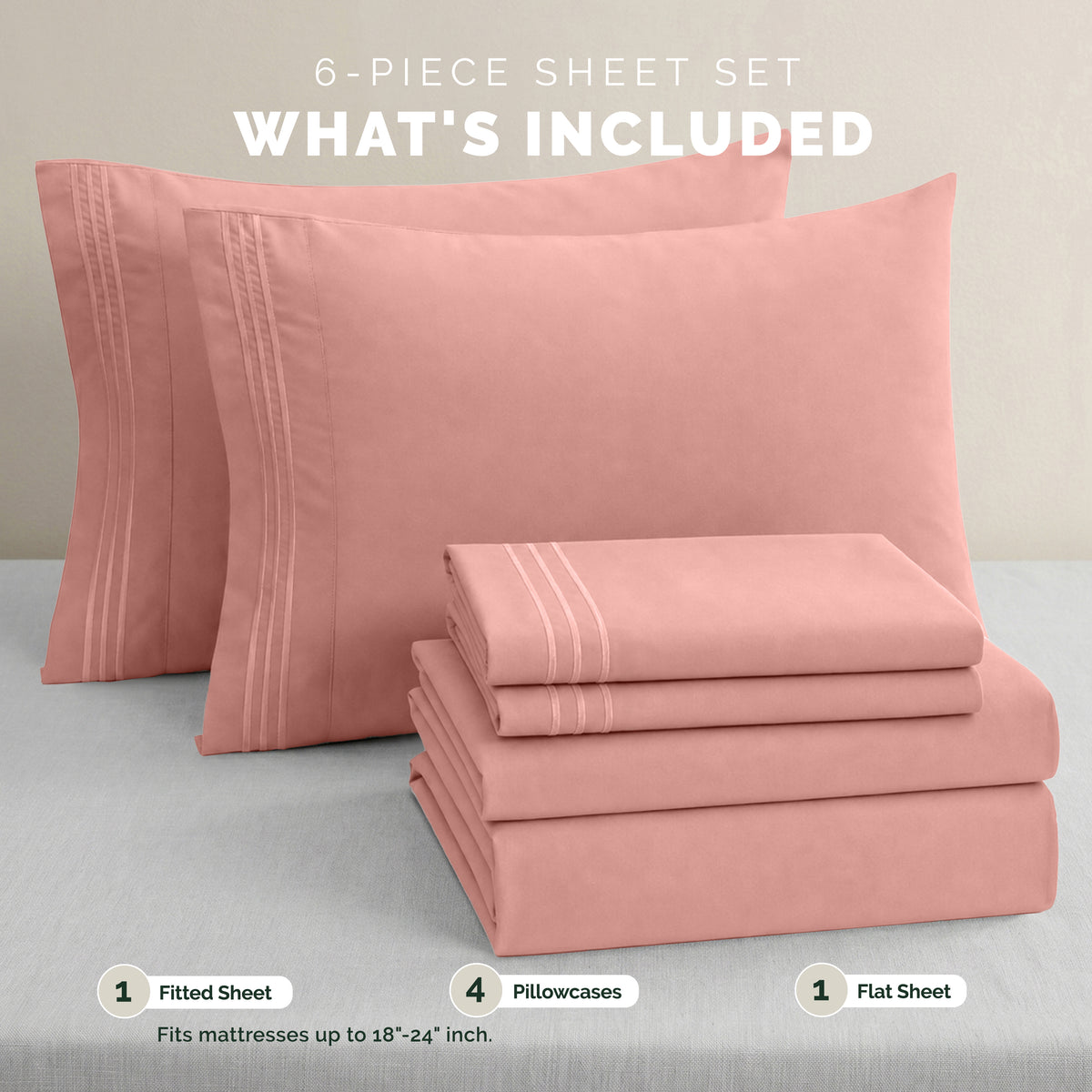 Extra deep Pocket 3 Line Embroidery, 6-Piece Sheet Set