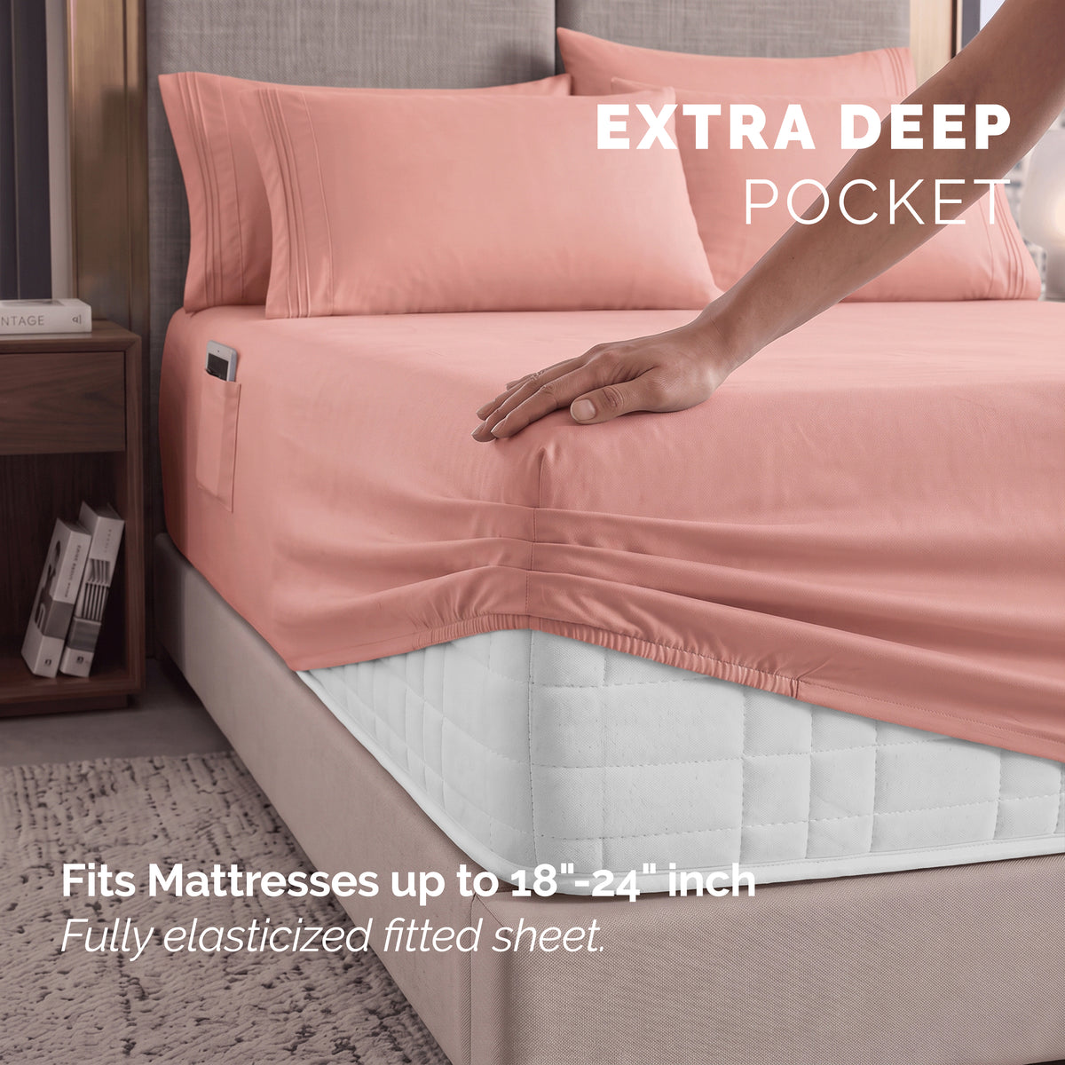 Extra deep Pocket 3 Line Embroidery, 6-Piece Sheet Set