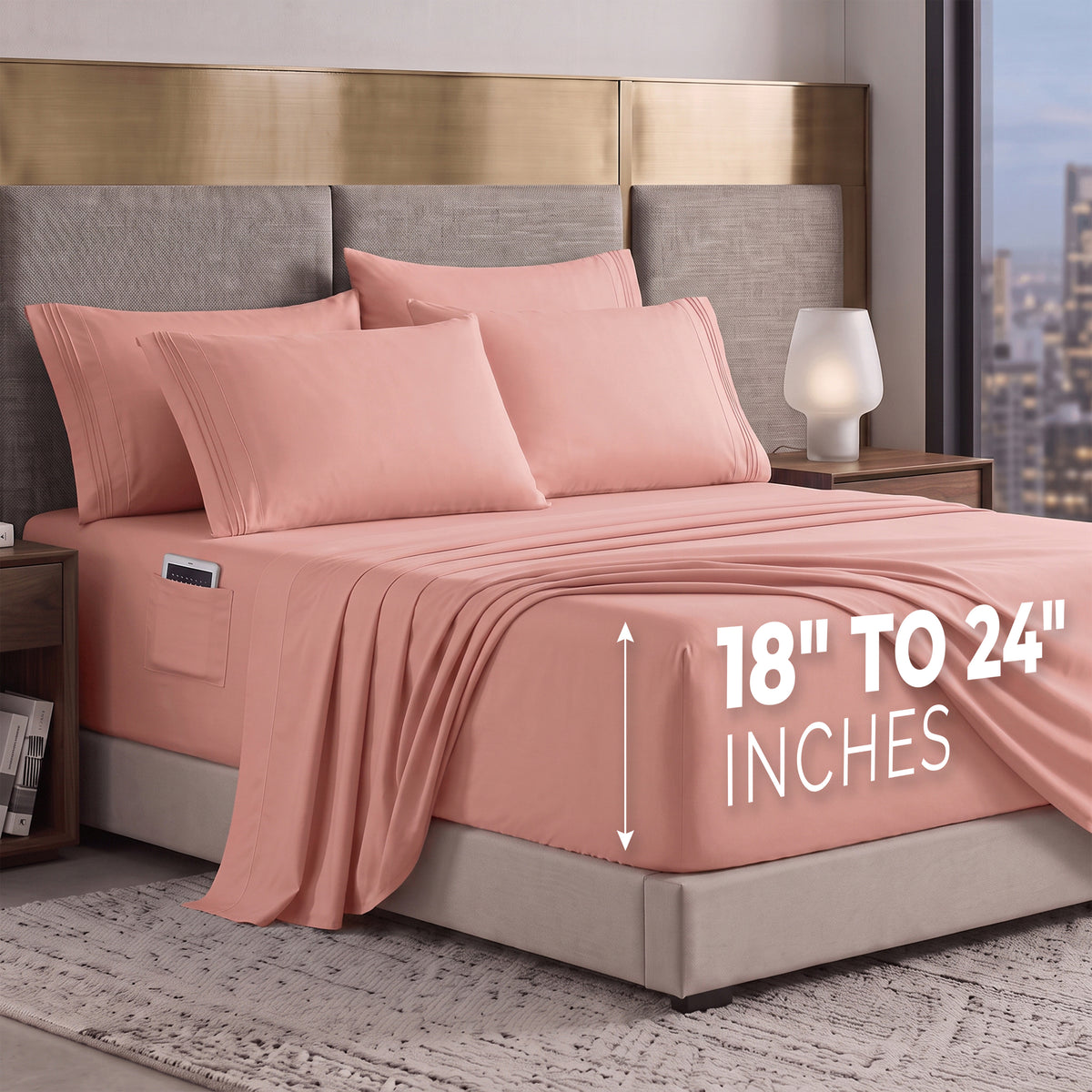 Extra deep Pocket 3 Line Embroidery, 6-Piece Sheet Set
