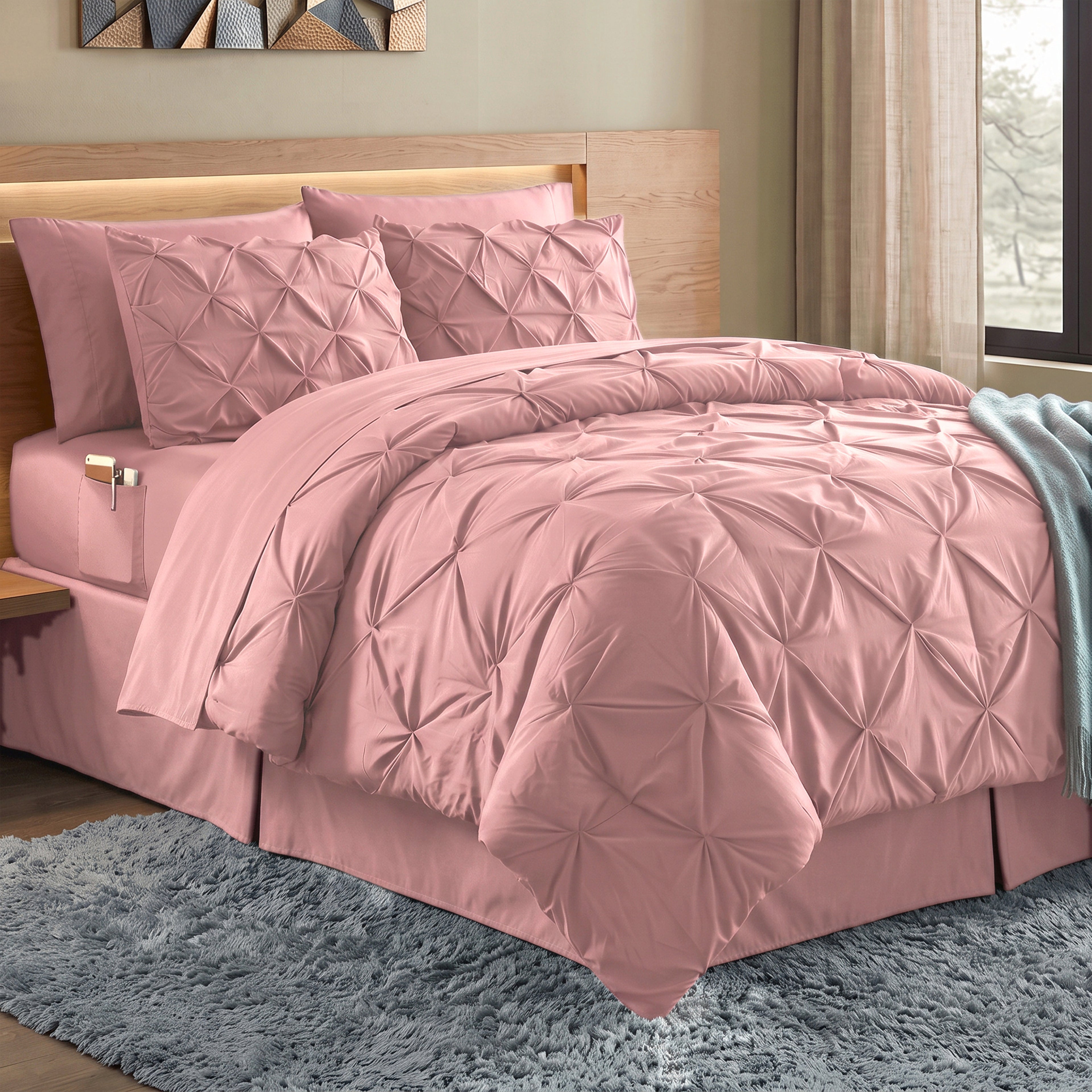 8-Piece Pintuck Pinch Pleated Comforter Set - Includes 4-Piece Sheet Set with Double Sided Storage Pockets