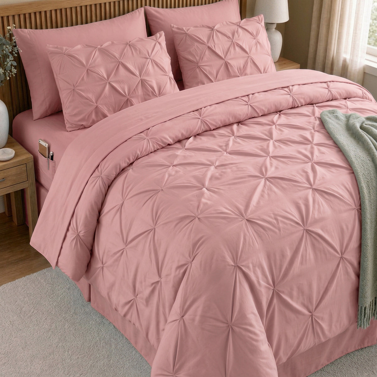 8-Piece Pintuck Pinch Pleated Comforter Set - Includes 4-Piece Sheet Set with Double Sided Storage Pockets
