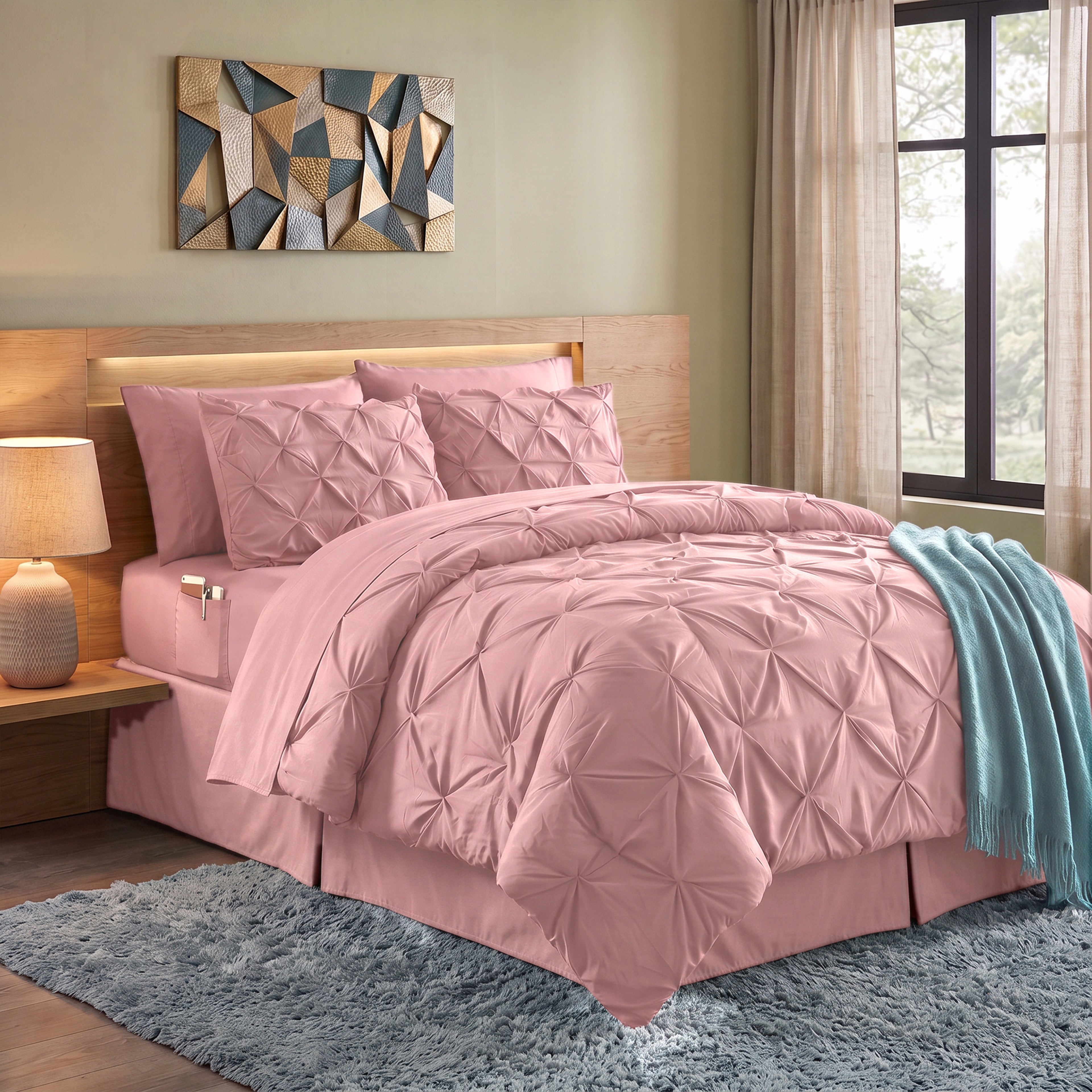 8-Piece Pintuck Pinch Pleated Comforter Set - Includes 4-Piece Sheet Set with Double Sided Storage Pockets