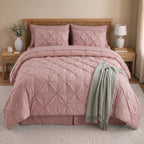 8-Piece Pintuck Pinch Pleated Comforter Set - Includes 4-Piece Sheet Set with Double Sided Storage Pockets