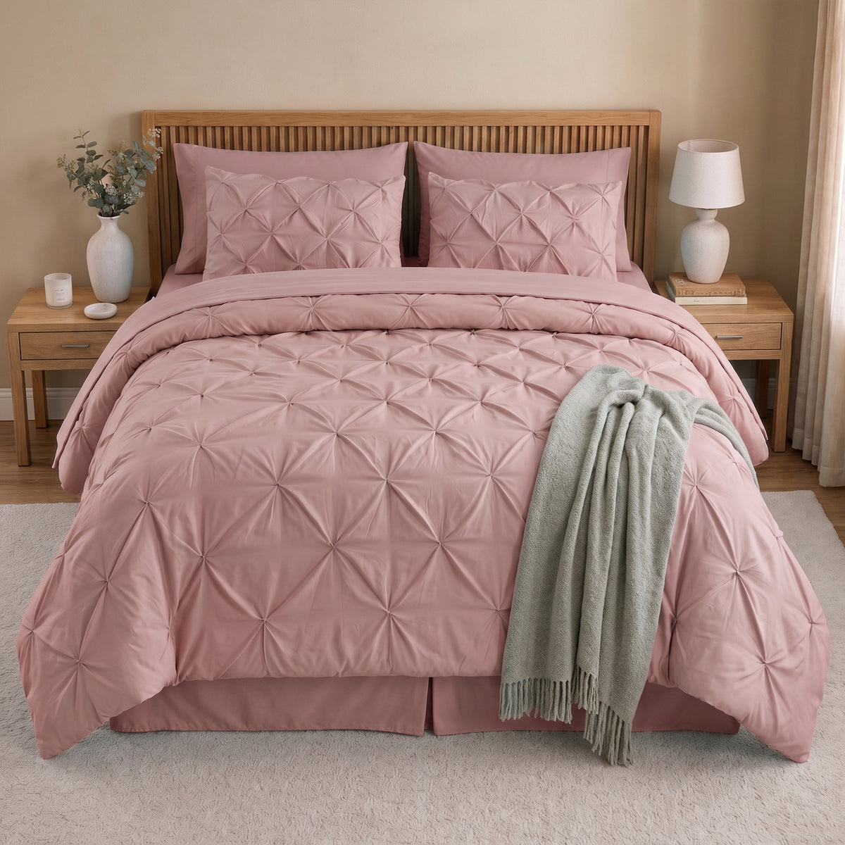 8-Piece Pintuck Pinch Pleated Comforter Set - Includes 4-Piece Sheet Set with Double Sided Storage Pockets