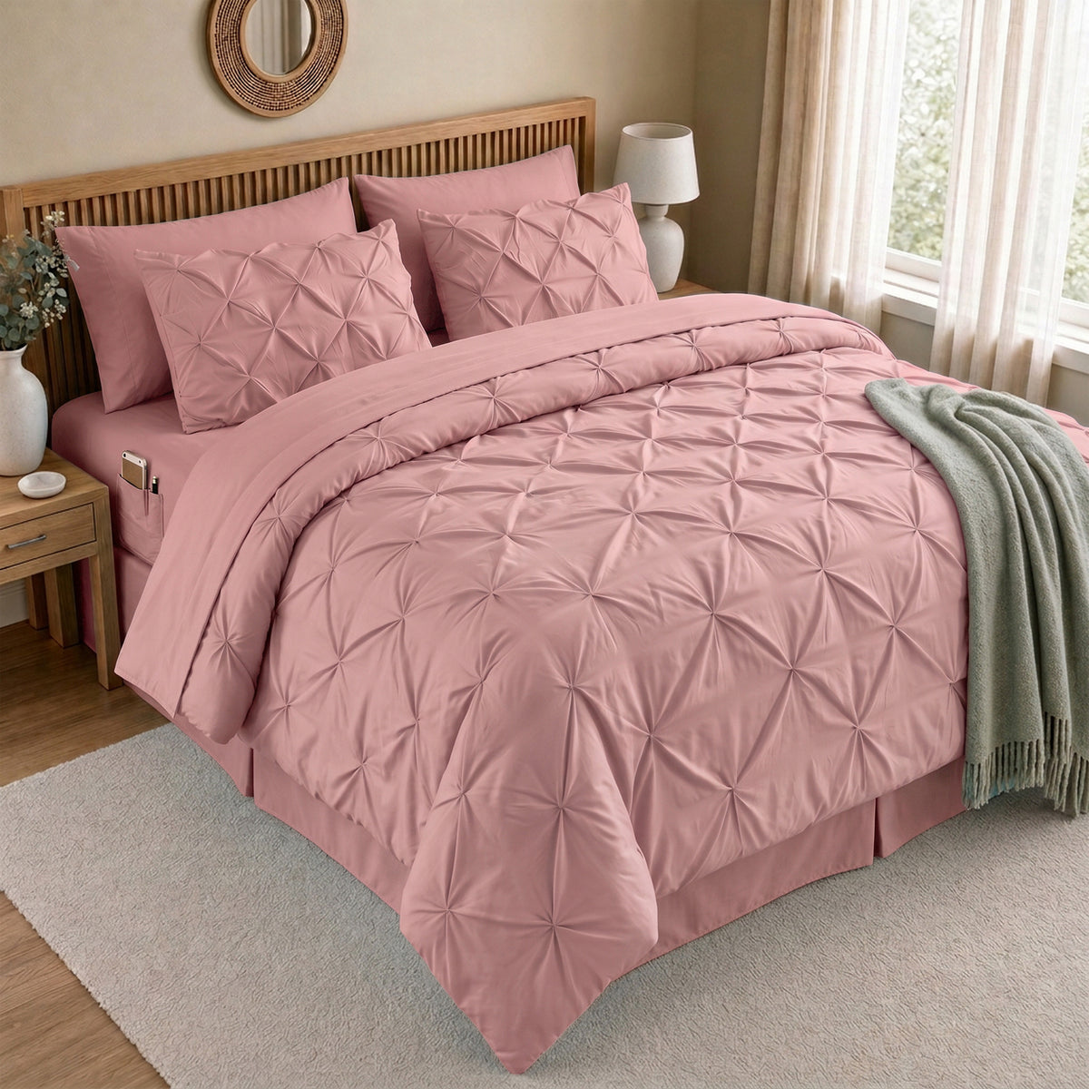 8-Piece Pintuck Pinch Pleated Comforter Set - Includes 4-Piece Sheet Set with Double Sided Storage Pockets