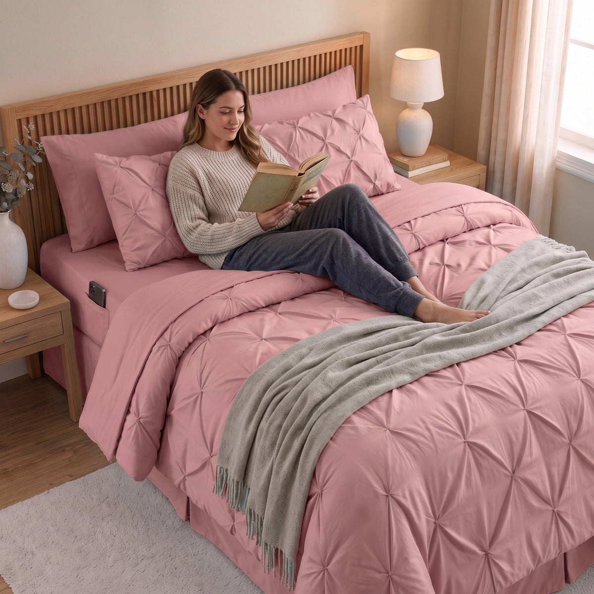 8-Piece Pintuck Pinch Pleated Comforter Set - Includes 4-Piece Sheet Set with Double Sided Storage Pockets