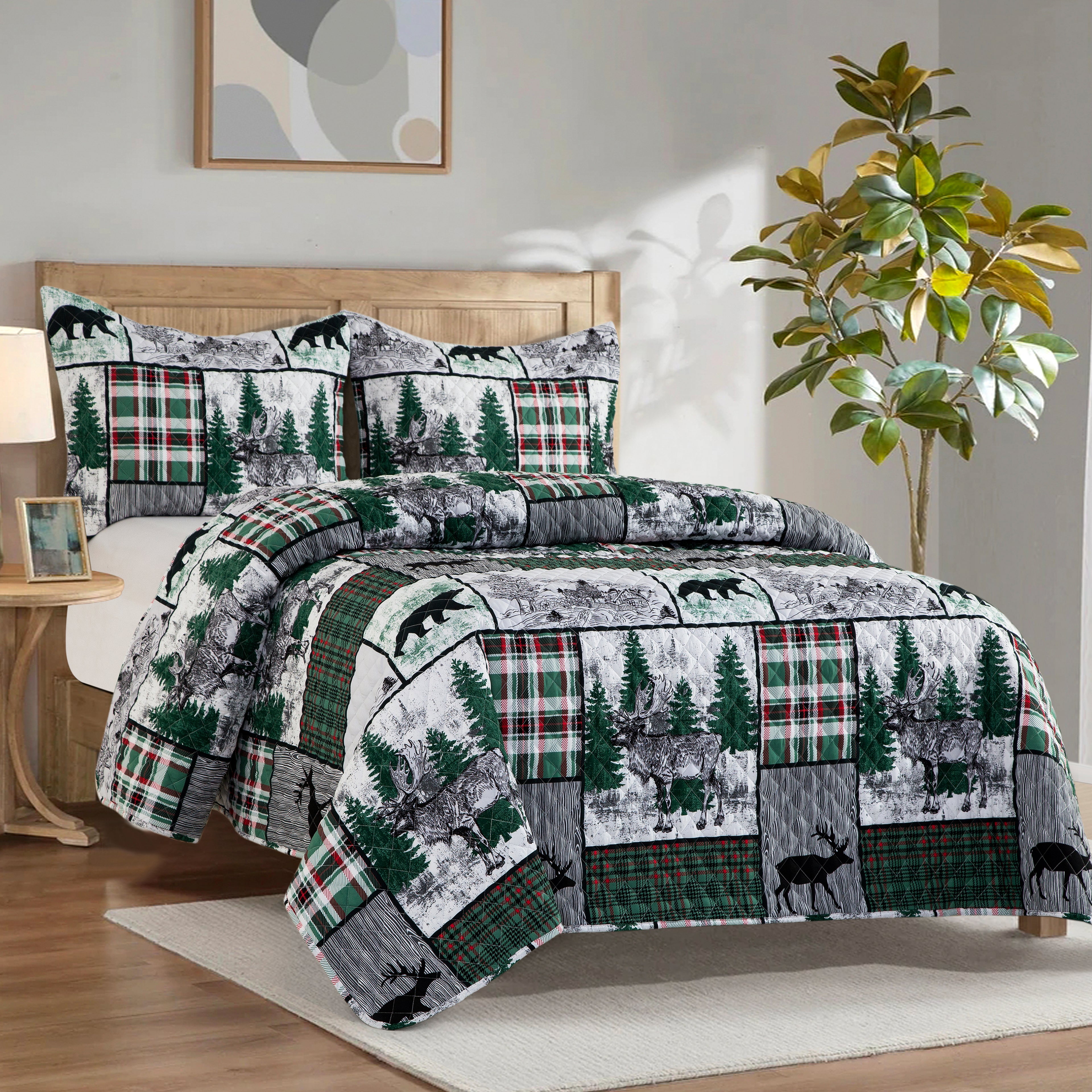 3-Piece Patch Plaid Quilted Reversible Bedspread Coverlet Set