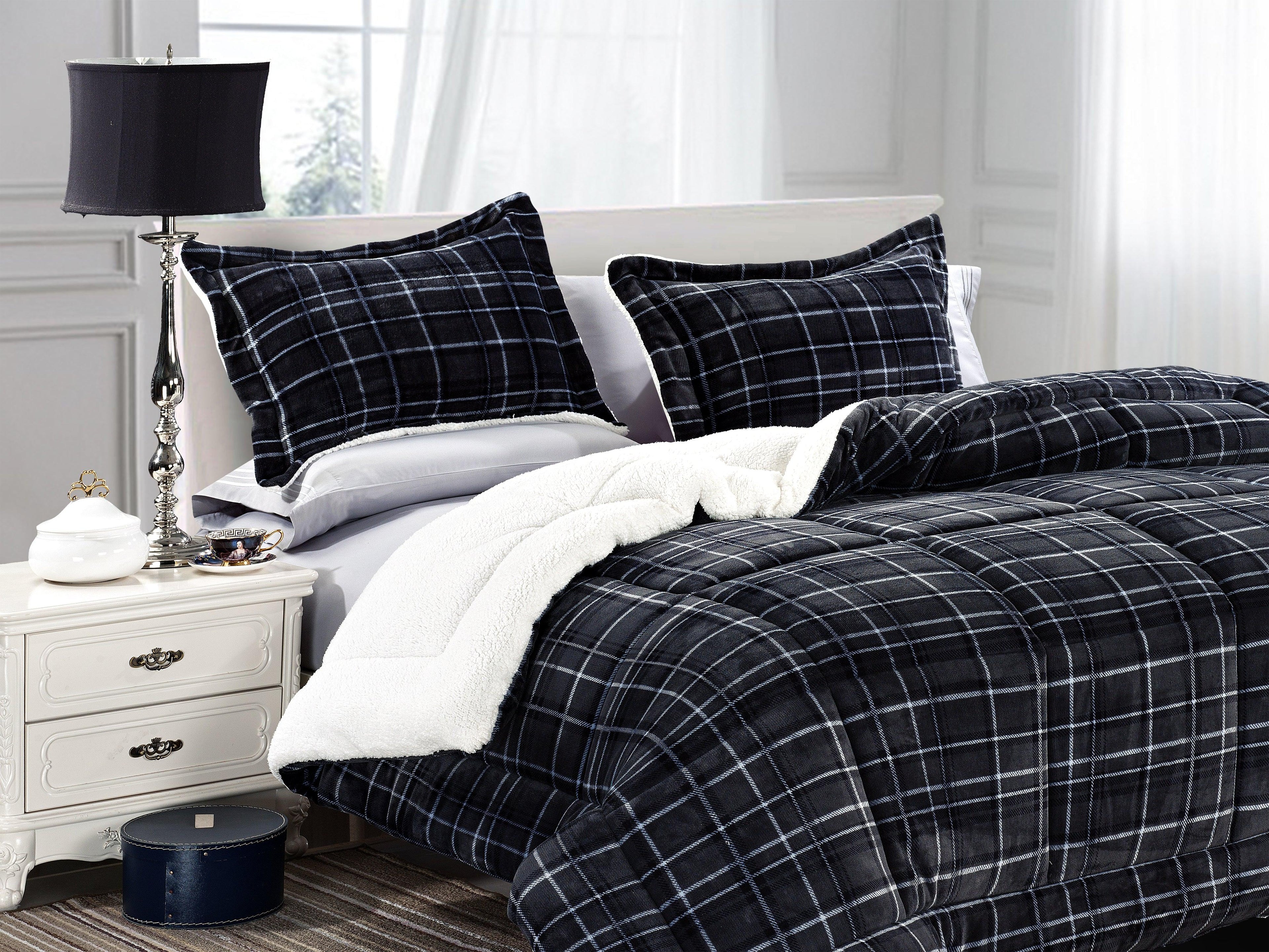 3-Piece Plaid Micro-Suede Reversible Sherpa - Comforter Set