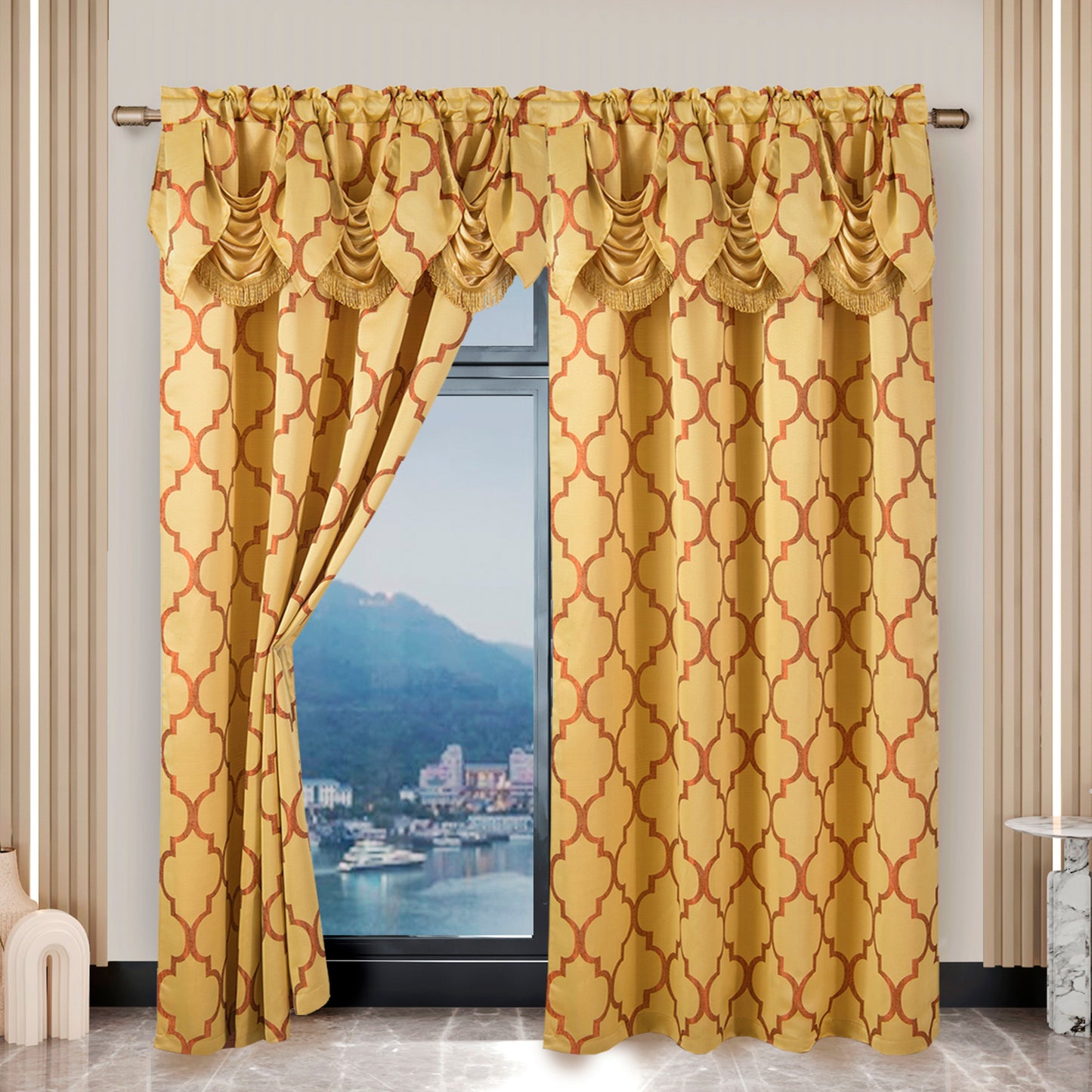 Elegant Comfort 2-Piece Quatrefoil - Moroccan Trellis Jacquard Look Curtain Panels- Attached Valance - 54" W x 84" L, Set of 2