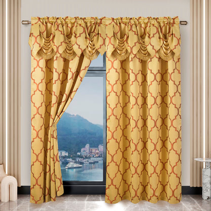 Elegant Comfort 2-Piece Quatrefoil - Moroccan Trellis Jacquard Look Curtain Panels- Attached Valance - 54" W x 84" L, Set of 2